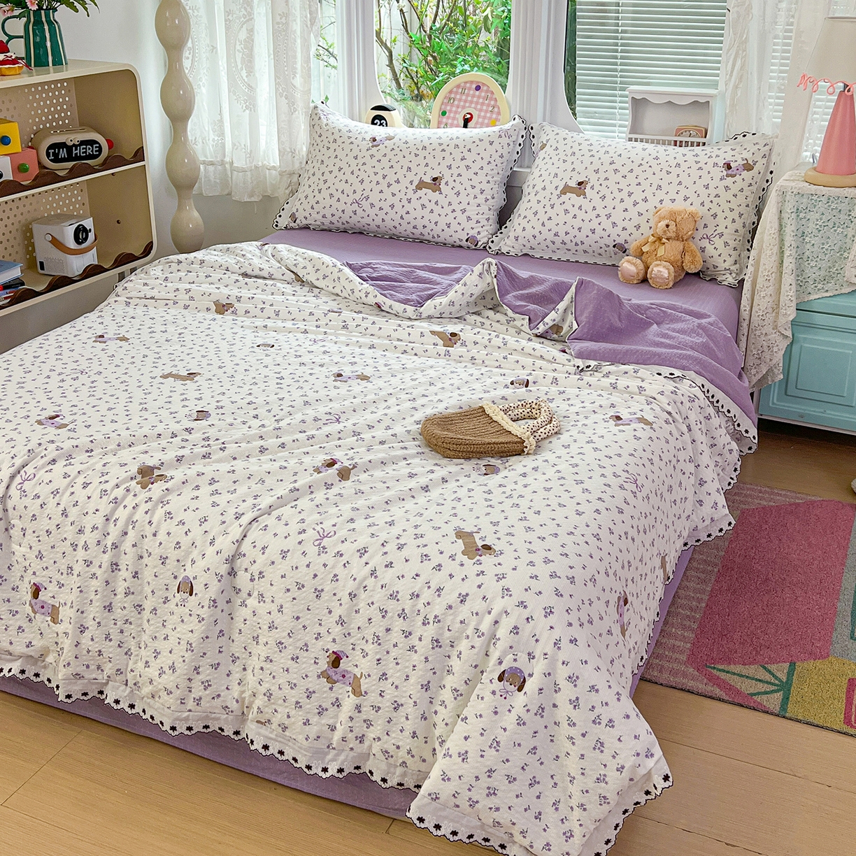 91家纺网 家纺一手货源 找家纺 恒尚居 2026新款A类泡芙纱花边夏被夏凉被空调被四套件 【紫调小狗】全棉花边