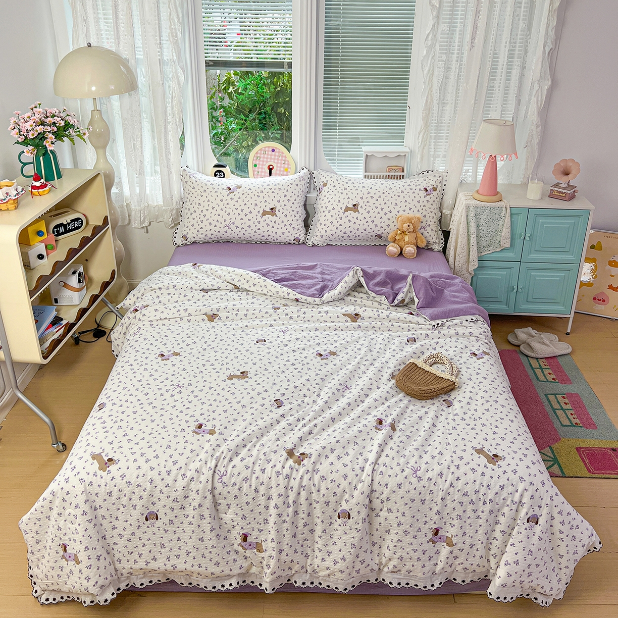 91家纺网 家纺一手货源 找家纺 恒尚居 2026新款A类泡芙纱花边夏被夏凉被空调被四套件 【紫调小狗】全棉花边