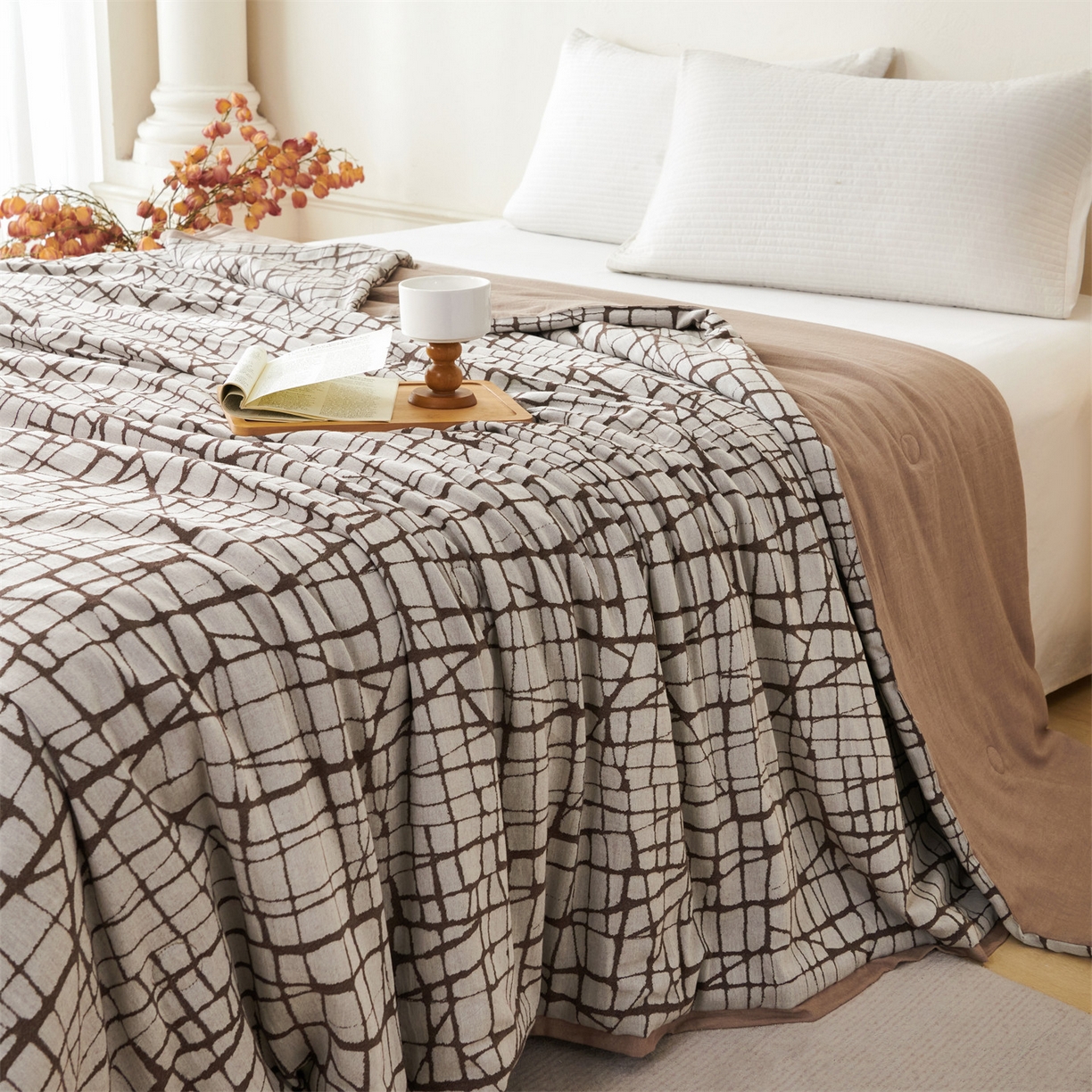 瑞米家居 2026新款全棉色织花夏被夏凉被空调被 隐白-正咖