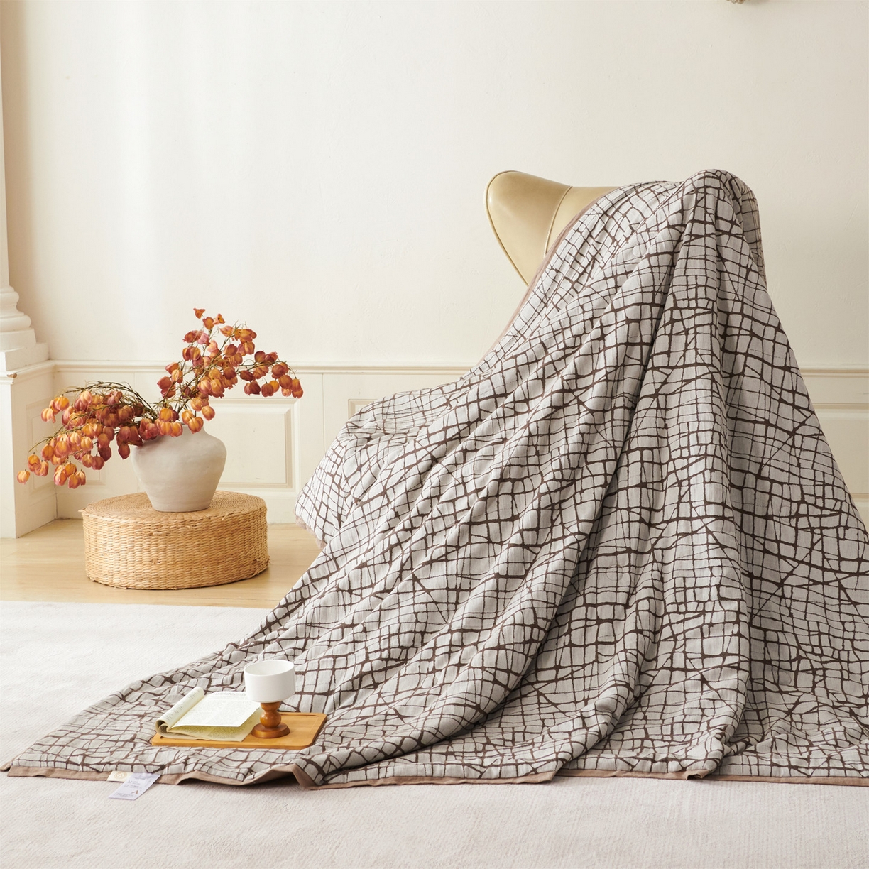 91家纺网 家纺一手货源 找家纺 瑞米家居 2026新款全棉色织花夏被夏凉被空调被 隐白-正咖