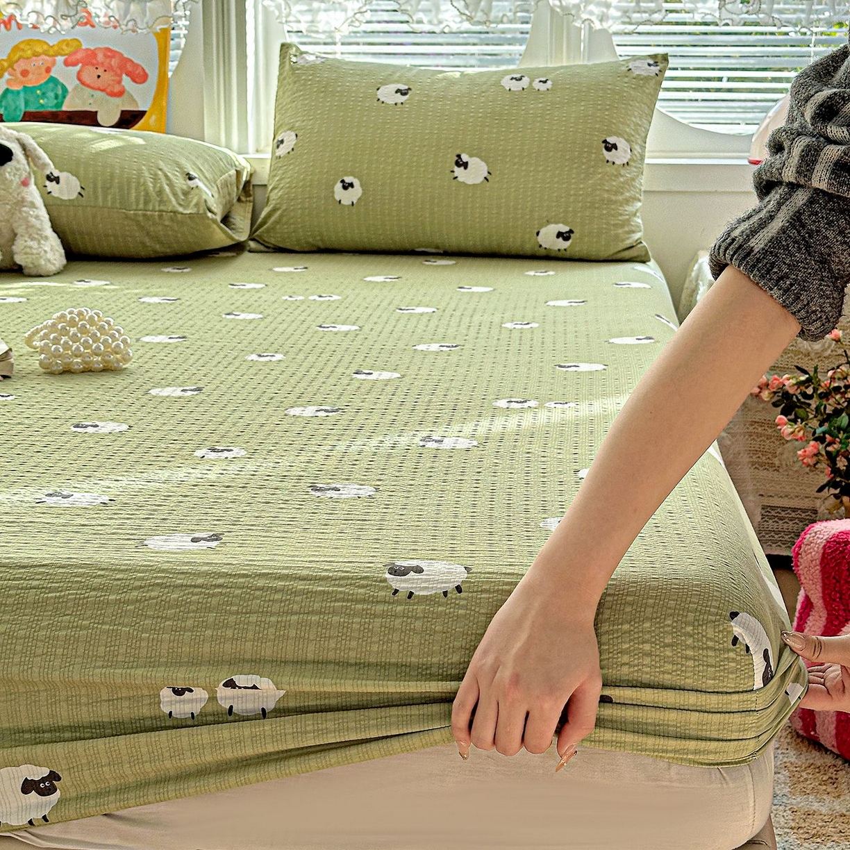 91家纺网 家纺一手货源 找家纺 欧妮家纺 2026新款泡芙棉单床笠-床垫保护套 泡芙-羊羊牧场
