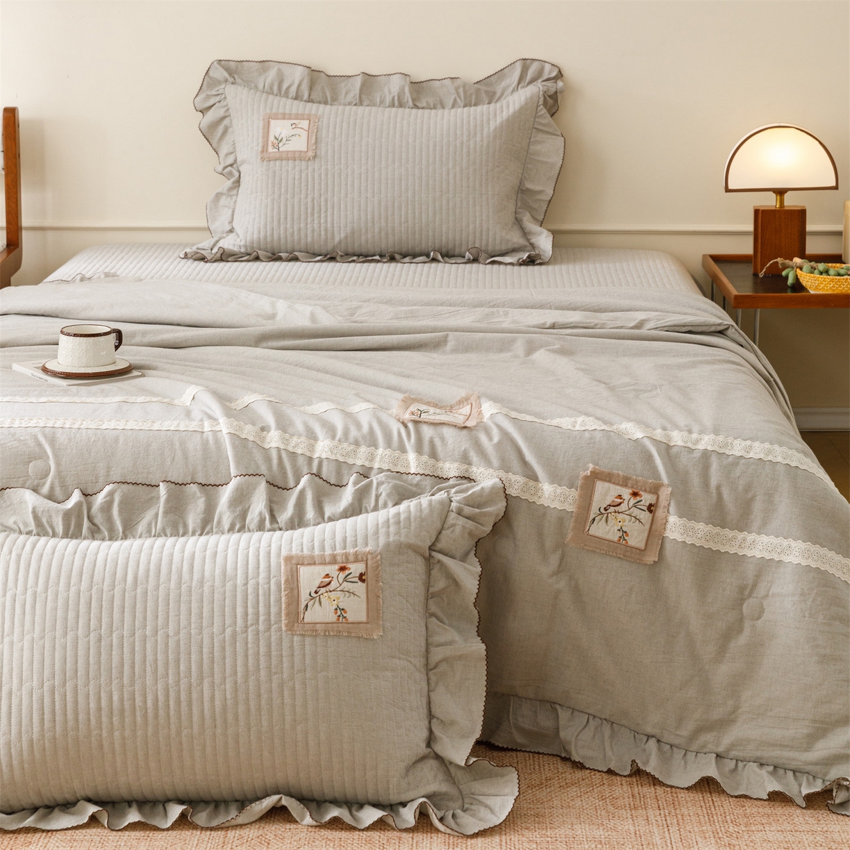 91家纺网 家纺一手货源 找家纺 瑞米家居 2026新款棉麻床盖夏被四件-森羽 森羽-灰