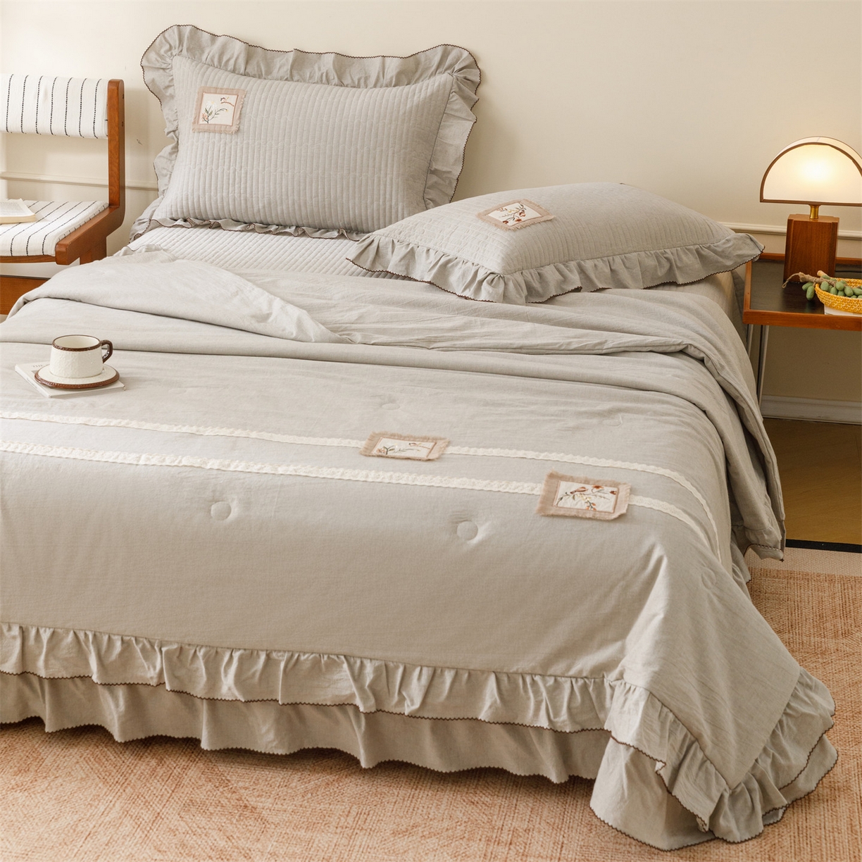 91家纺网 家纺一手货源 找家纺 瑞米家居 2026新款棉麻床盖夏被四件-森羽 森羽-灰