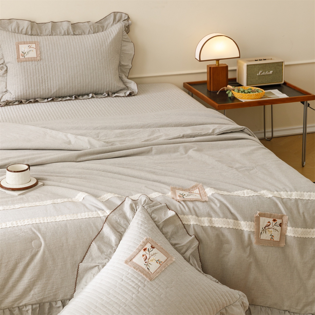 91家纺网 家纺一手货源 找家纺 瑞米家居 2026新款棉麻床盖夏被四件-森羽 森羽-灰