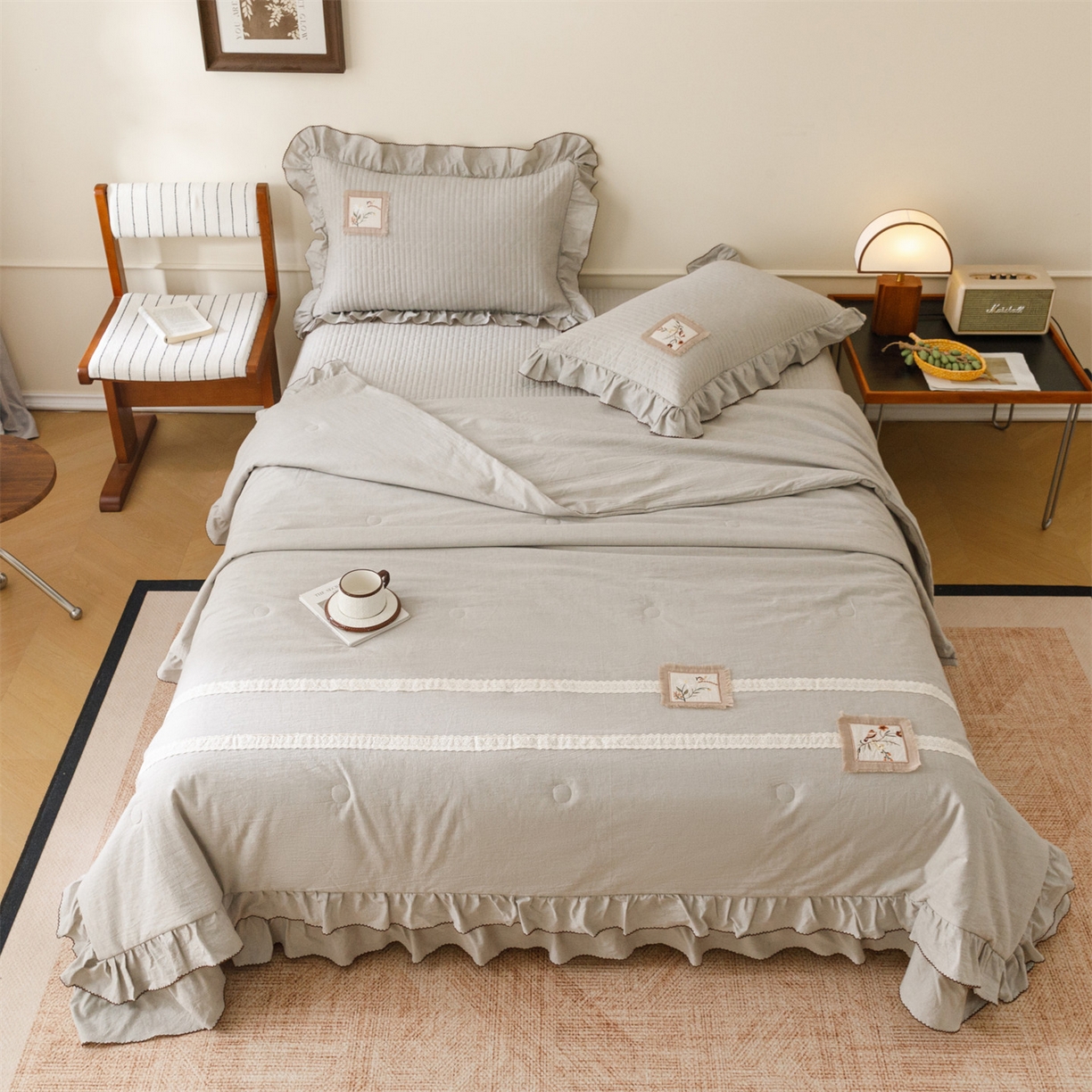 91家纺网 家纺一手货源 找家纺 瑞米家居 2026新款棉麻床盖夏被四件-森羽 森羽-灰