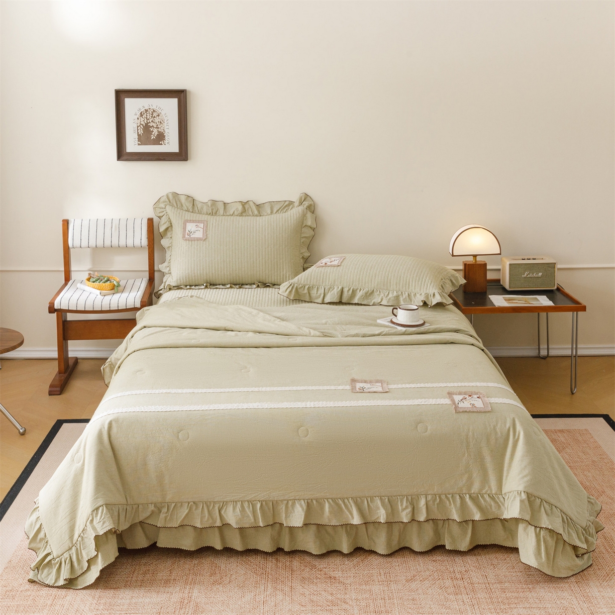 91家纺网 家纺一手货源 找家纺 瑞米家居 2026新款棉麻床盖夏被四件-森羽 森羽-芥末绿