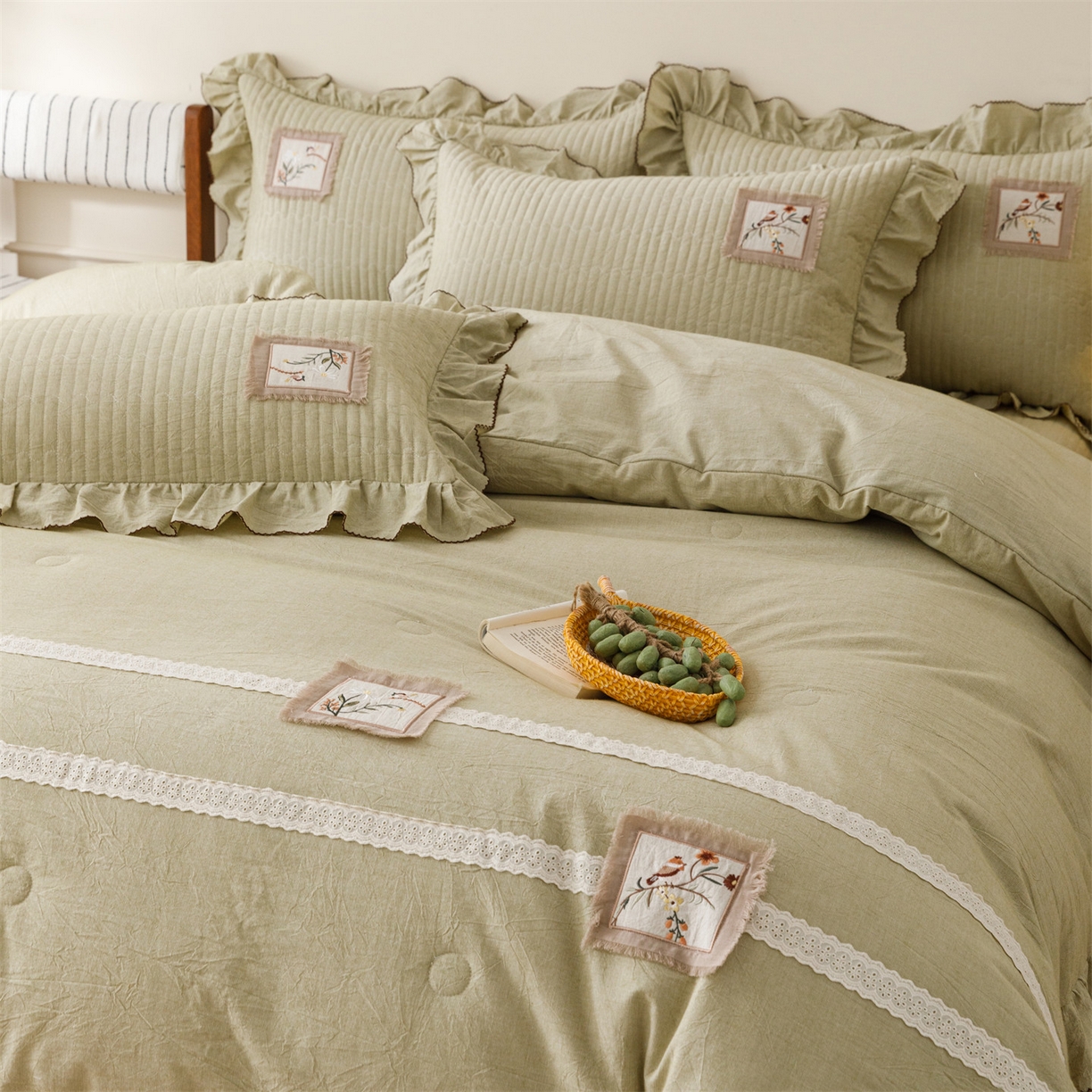 91家纺网 家纺一手货源 找家纺 瑞米家居 2026新款棉麻床盖夏被四件-森羽 森羽-芥末绿