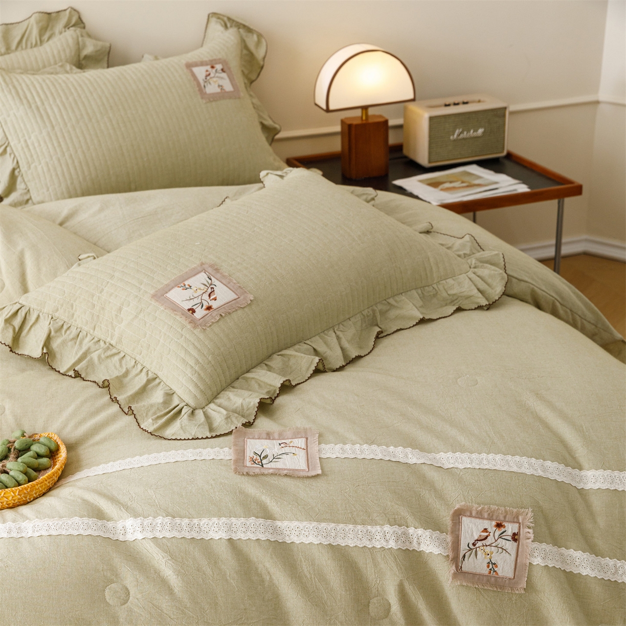 91家纺网 家纺一手货源 找家纺 瑞米家居 2026新款棉麻床盖夏被四件-森羽 森羽-芥末绿