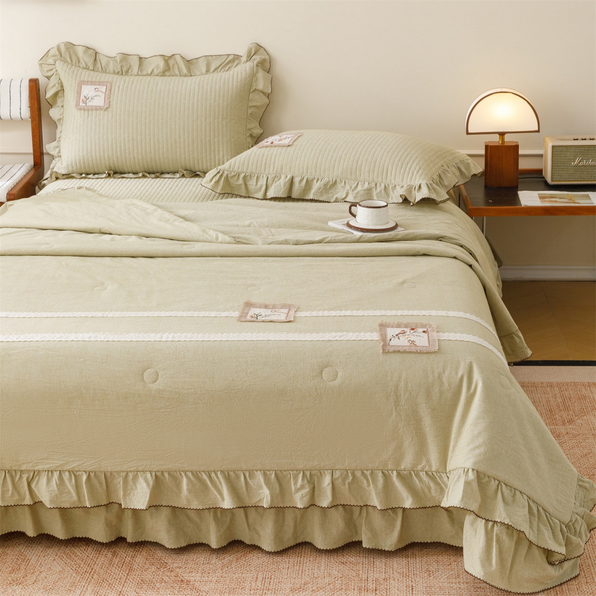 91家纺网 家纺一手货源 找家纺 瑞米家居 2026新款棉麻床盖夏被四件-森羽 森羽-芥末绿