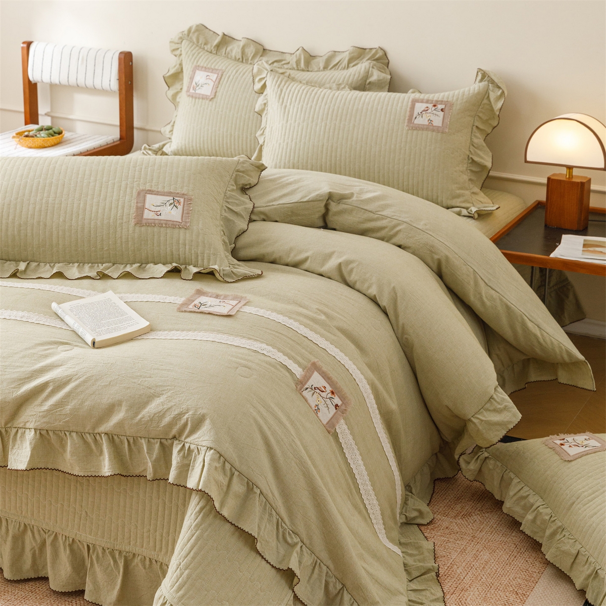 91家纺网 家纺一手货源 找家纺 瑞米家居 2026新款棉麻床盖夏被四件-森羽 森羽-芥末绿