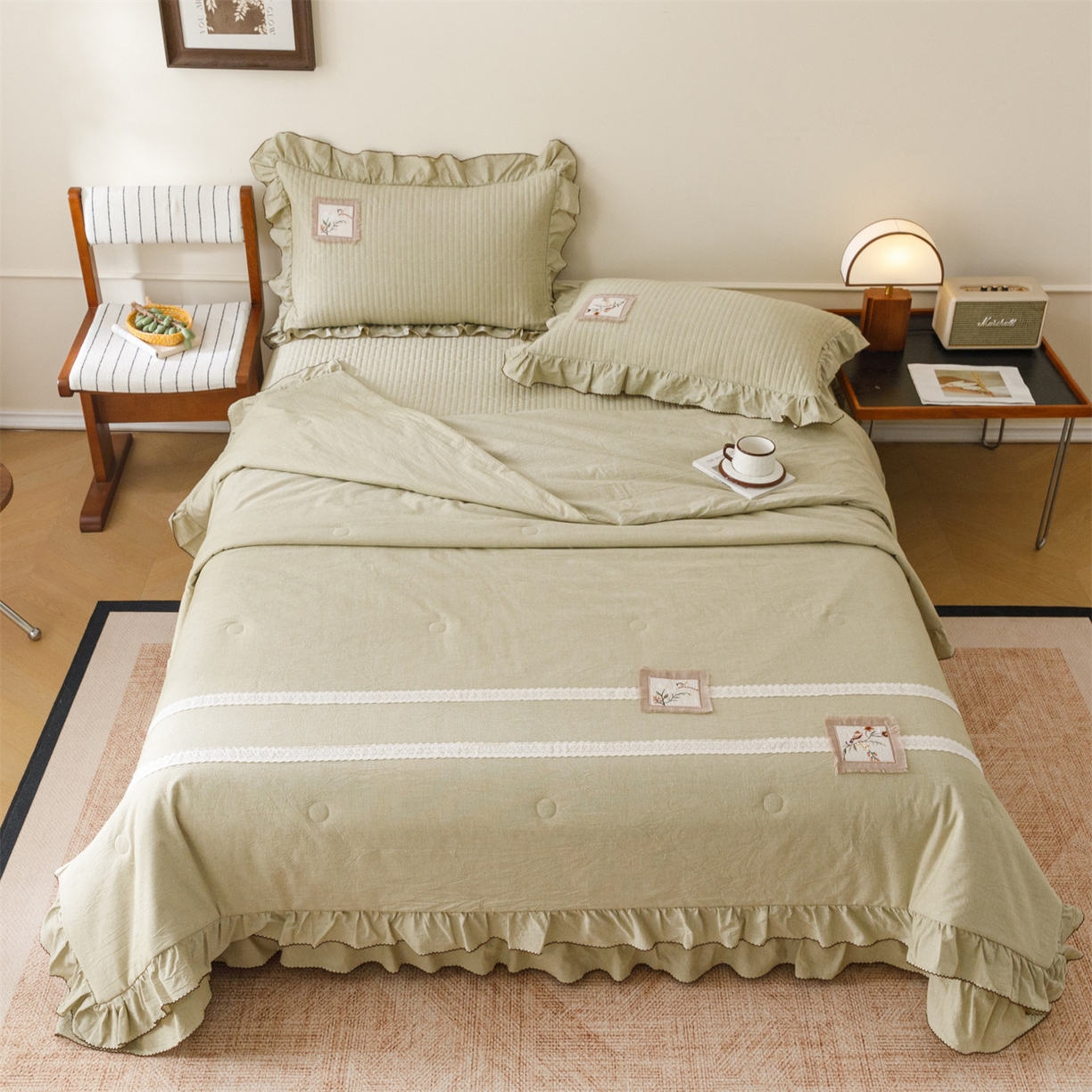 91家纺网 家纺一手货源 找家纺 瑞米家居 2026新款棉麻床盖夏被四件-森羽 森羽-芥末绿