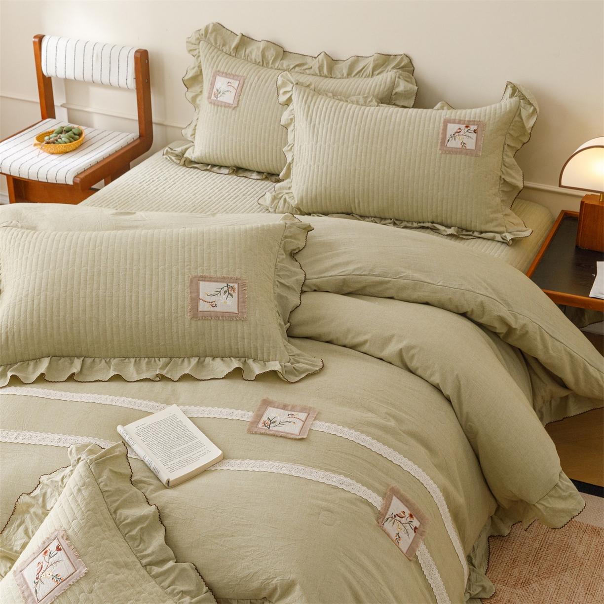 91家纺网 家纺一手货源 找家纺 瑞米家居 2026新款棉麻床盖夏被四件-森羽 森羽-芥末绿