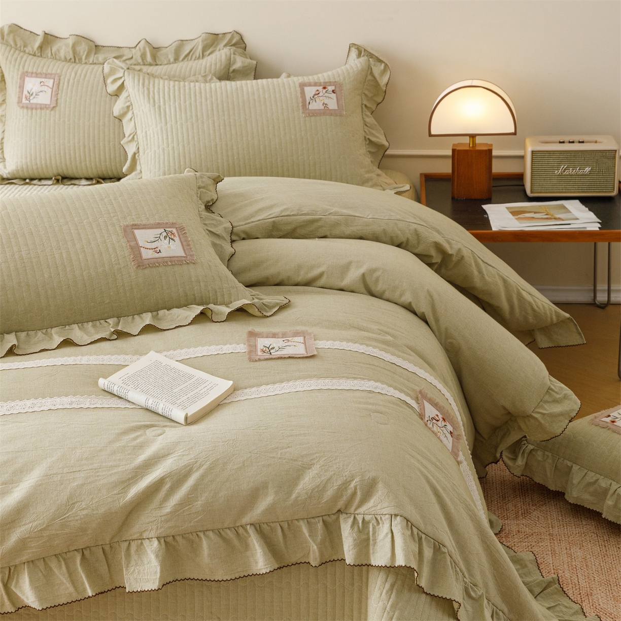 91家纺网 家纺一手货源 找家纺 瑞米家居 2026新款棉麻床盖夏被四件-森羽 森羽-芥末绿