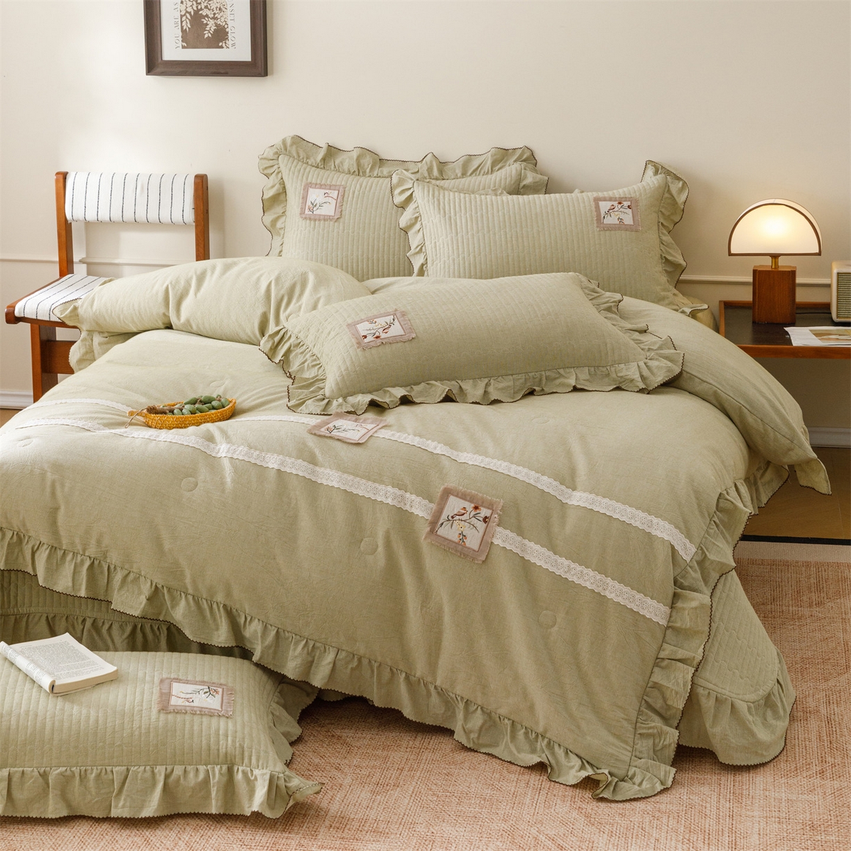 91家纺网 家纺一手货源 找家纺 瑞米家居 2026新款棉麻床盖夏被四件-森羽 森羽-芥末绿