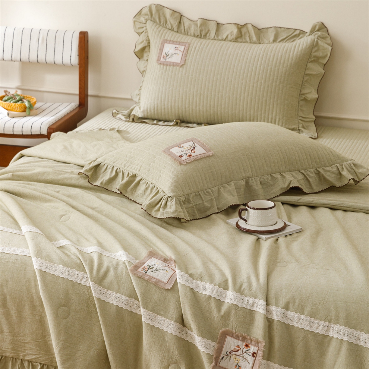 91家纺网 家纺一手货源 找家纺 瑞米家居 2026新款棉麻床盖夏被四件-森羽 森羽-芥末绿