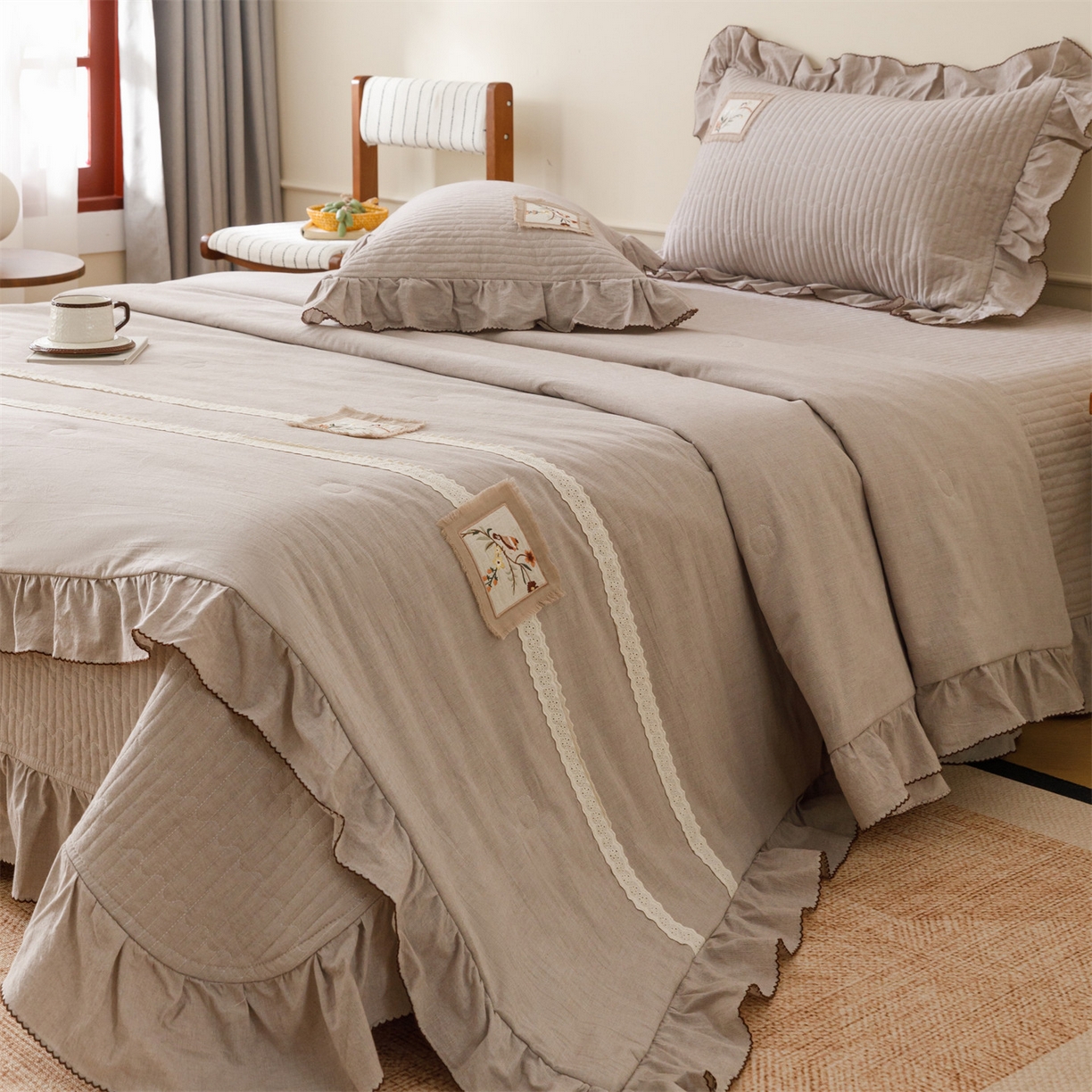 91家纺网 家纺一手货源 找家纺 瑞米家居 2026新款棉麻床盖夏被四件-森羽 森羽-香芋紫