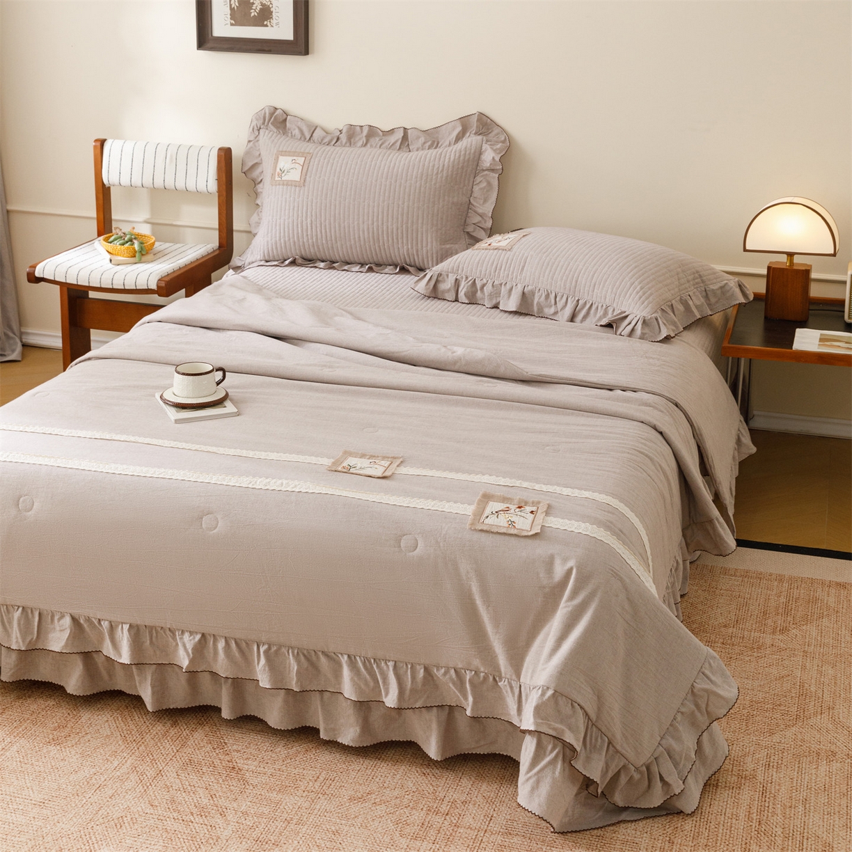 91家纺网 家纺一手货源 找家纺 瑞米家居 2026新款棉麻床盖夏被四件-森羽 森羽-香芋紫