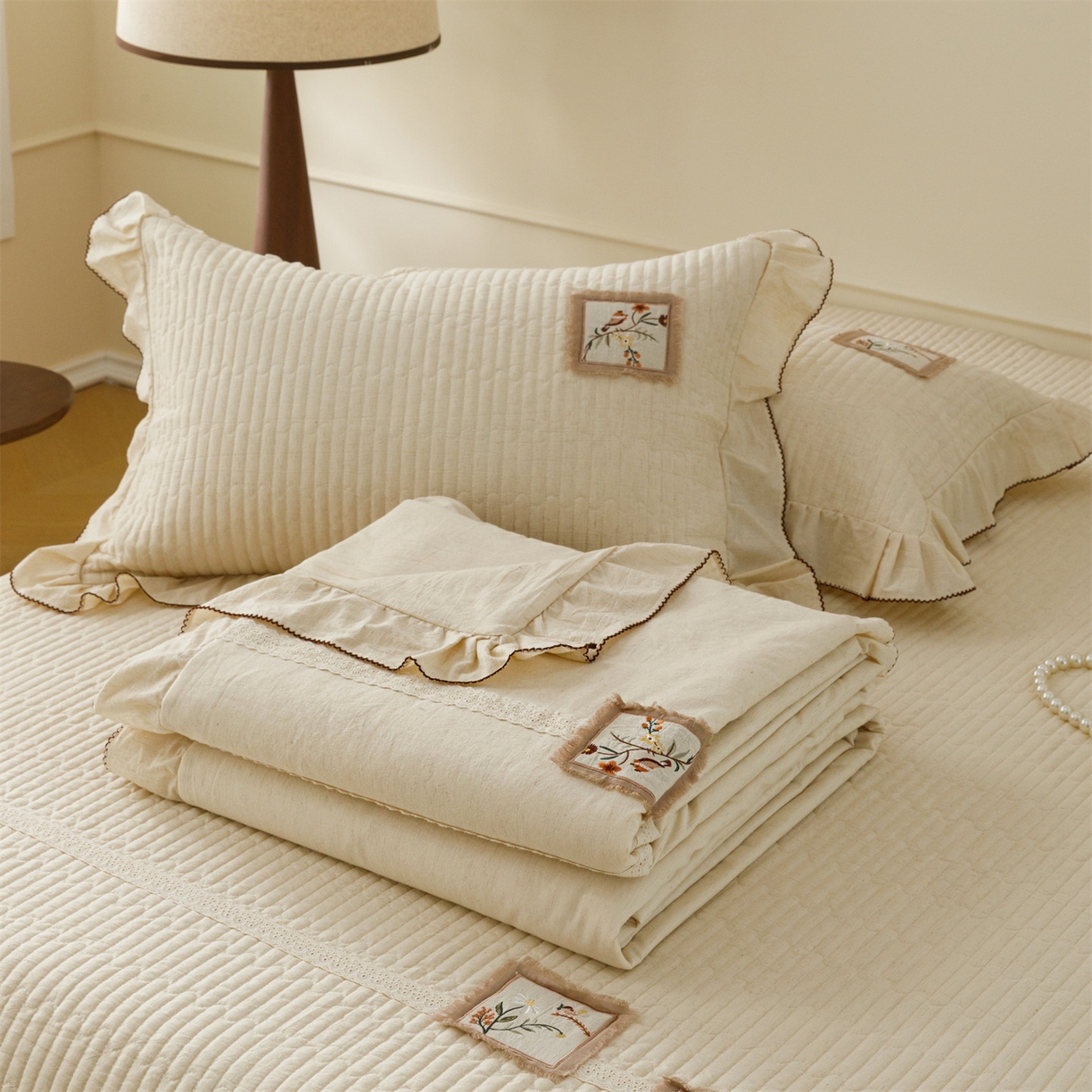 91家纺网 家纺一手货源 找家纺 瑞米家居 2026新款棉麻床盖夏被四件-森羽 森羽-原白