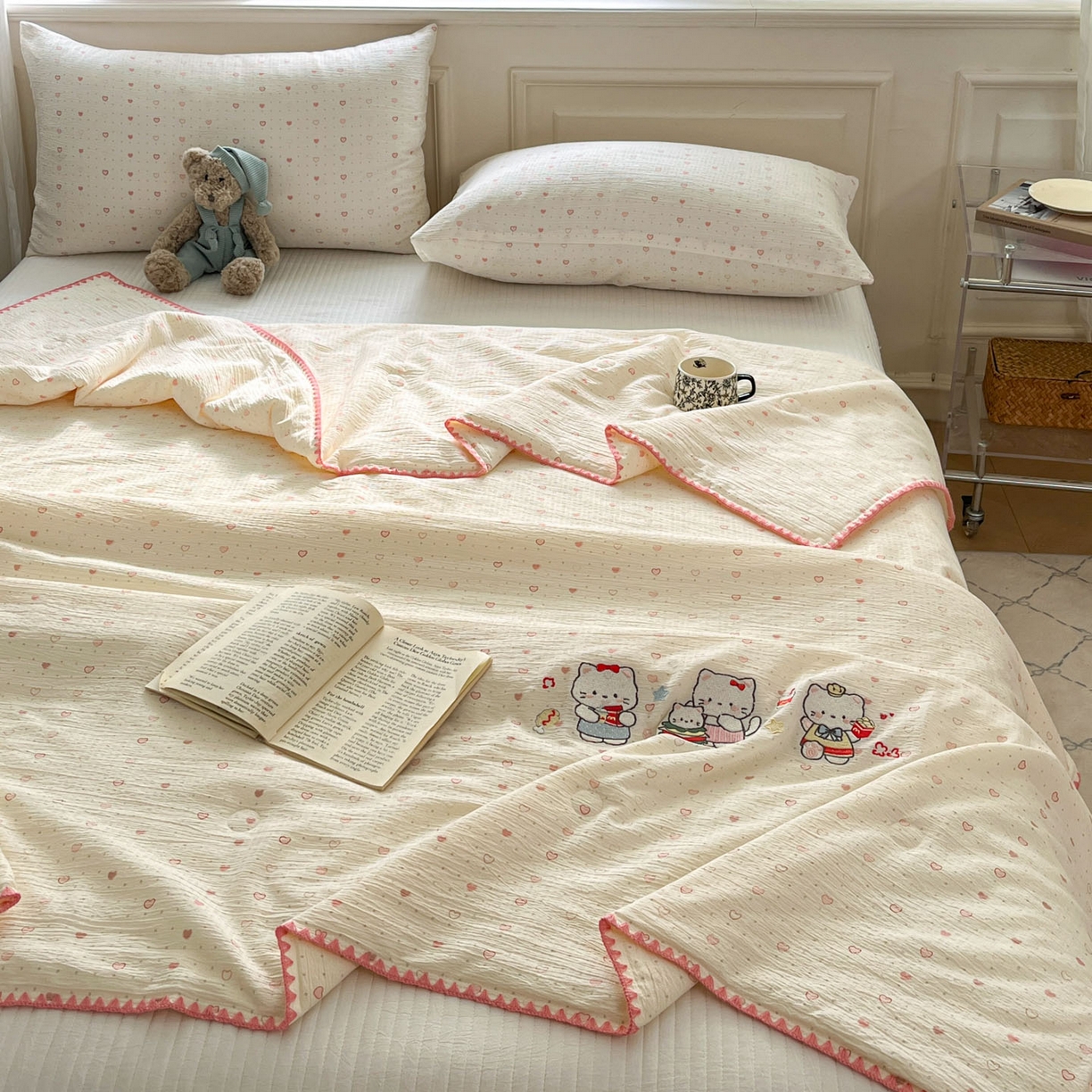 91家纺网 家纺一手货源 找家纺 （总）一加一 2026新款皱皱纱绣花三角针大豆夏被夏凉被空调被三件套