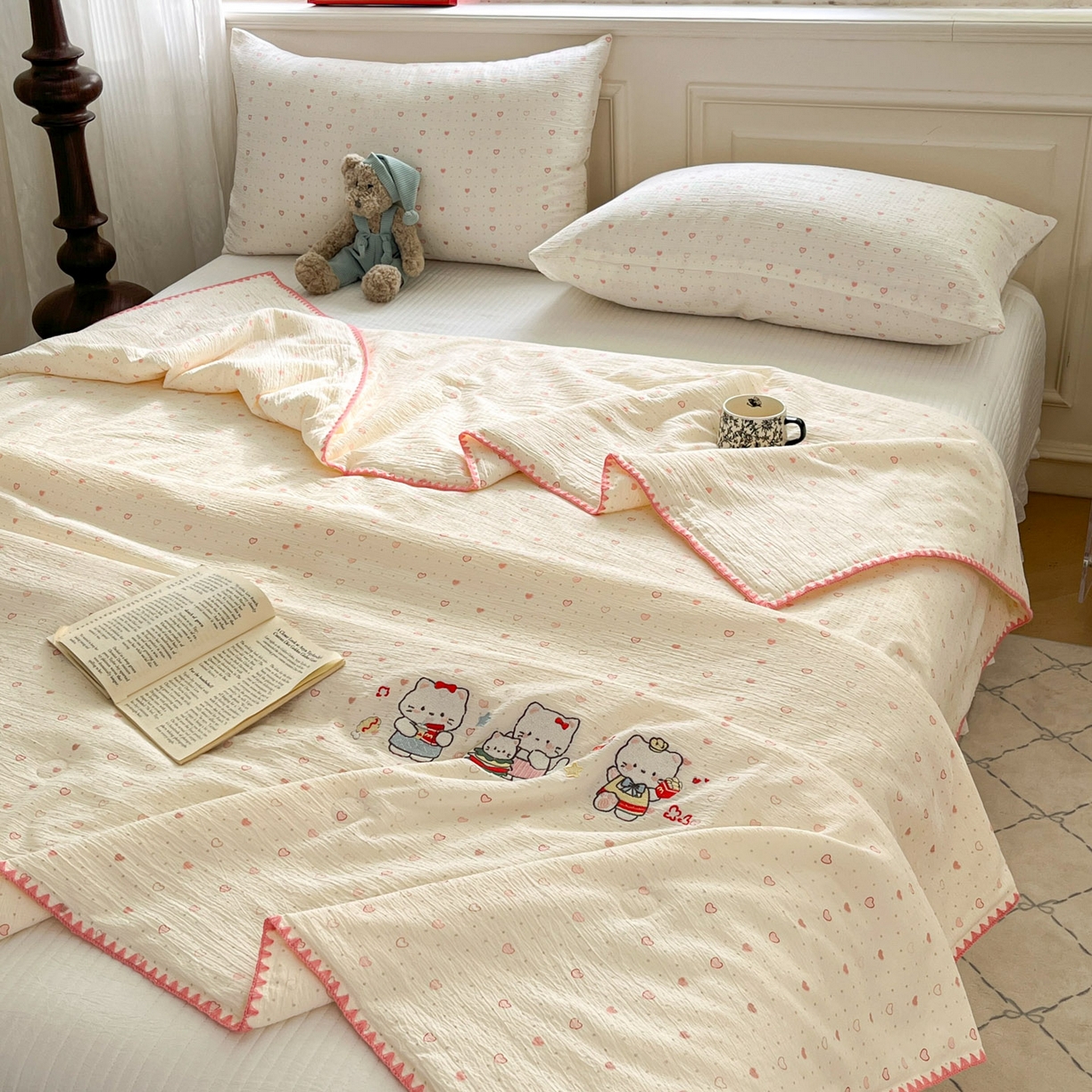 91家纺网 家纺一手货源 找家纺 （总）一加一 2026新款皱皱纱绣花三角针大豆夏被夏凉被空调被三件套