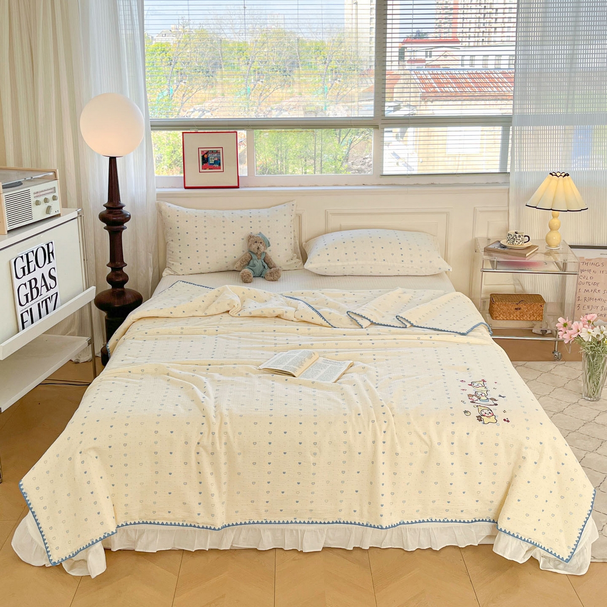 91家纺网 家纺一手货源 找家纺 一加一 2026新款皱皱纱绣花三角针大豆夏被夏凉被空调被三件套 音乐星星人