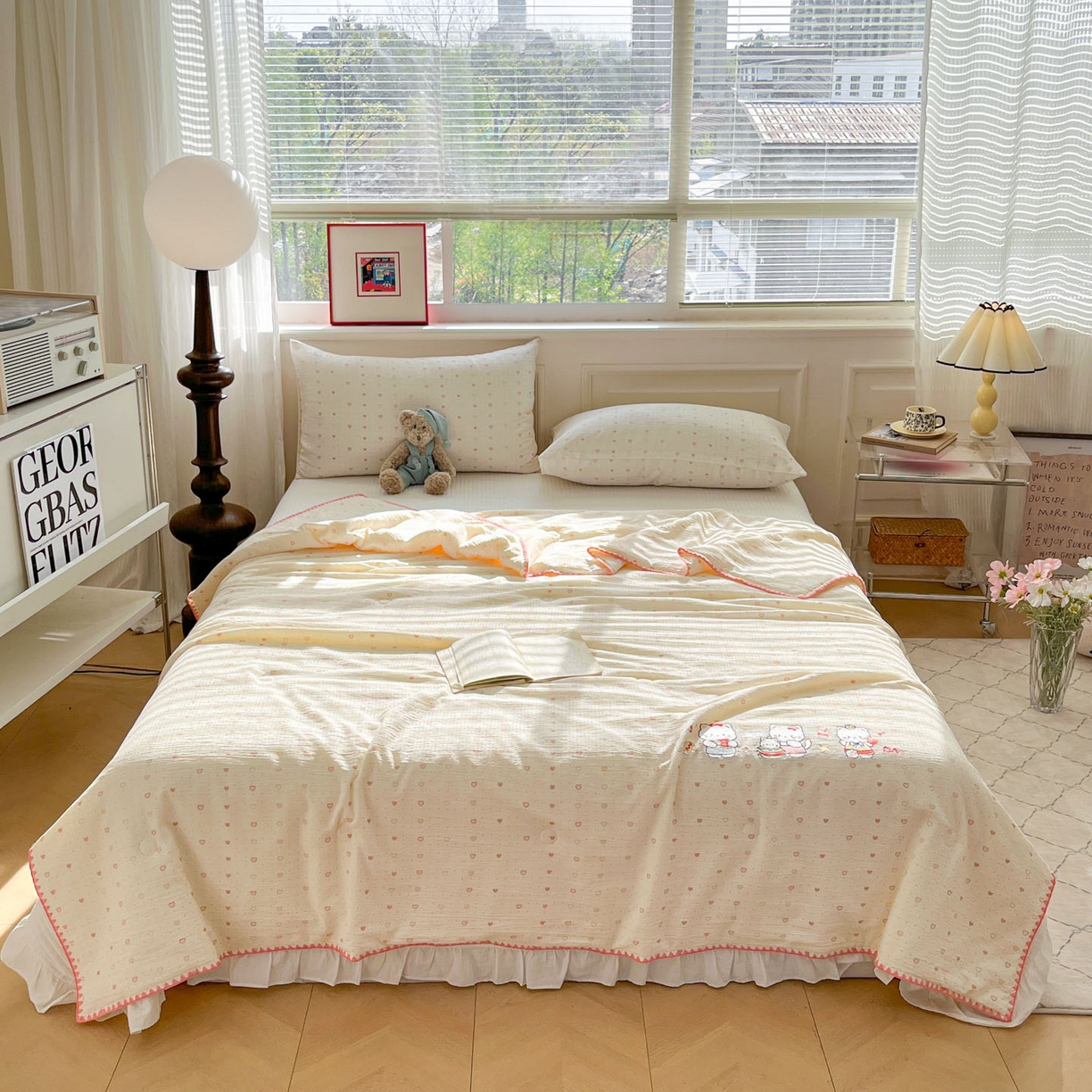 91家纺网 家纺一手货源 找家纺 一加一 2026新款皱皱纱绣花三角针大豆夏被夏凉被空调被三件套 爱心猫（粉）