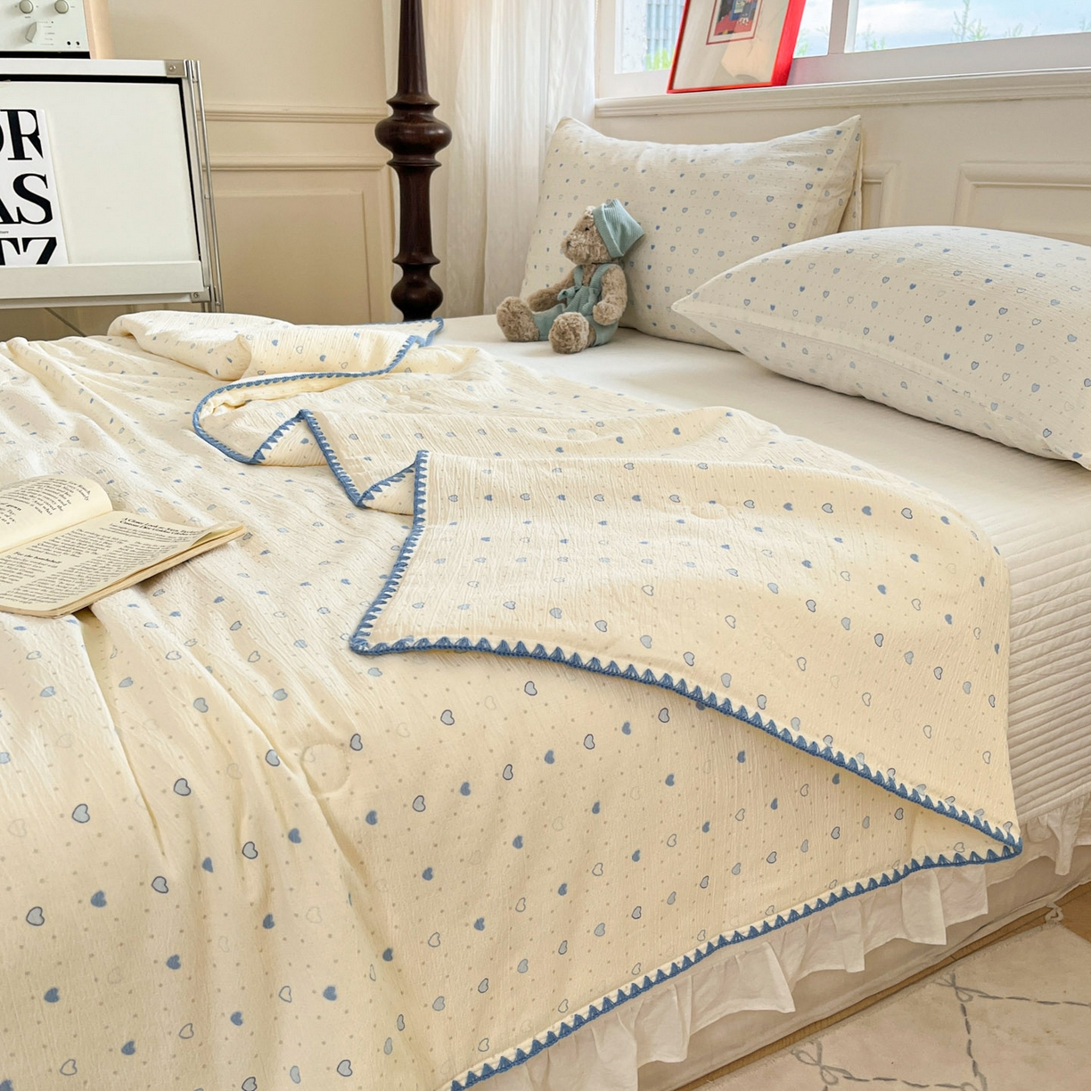 91家纺网 家纺一手货源 找家纺 一加一 2026新款皱皱纱绣花三角针大豆夏被夏凉被空调被三件套 音乐星星人