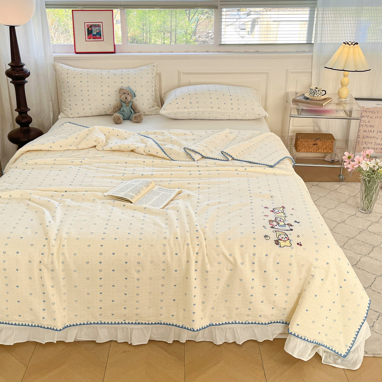 91家纺网 家纺一手货源 找家纺 一加一 2026新款皱皱纱绣花三角针大豆夏被夏凉被空调被三件套 音乐星星人