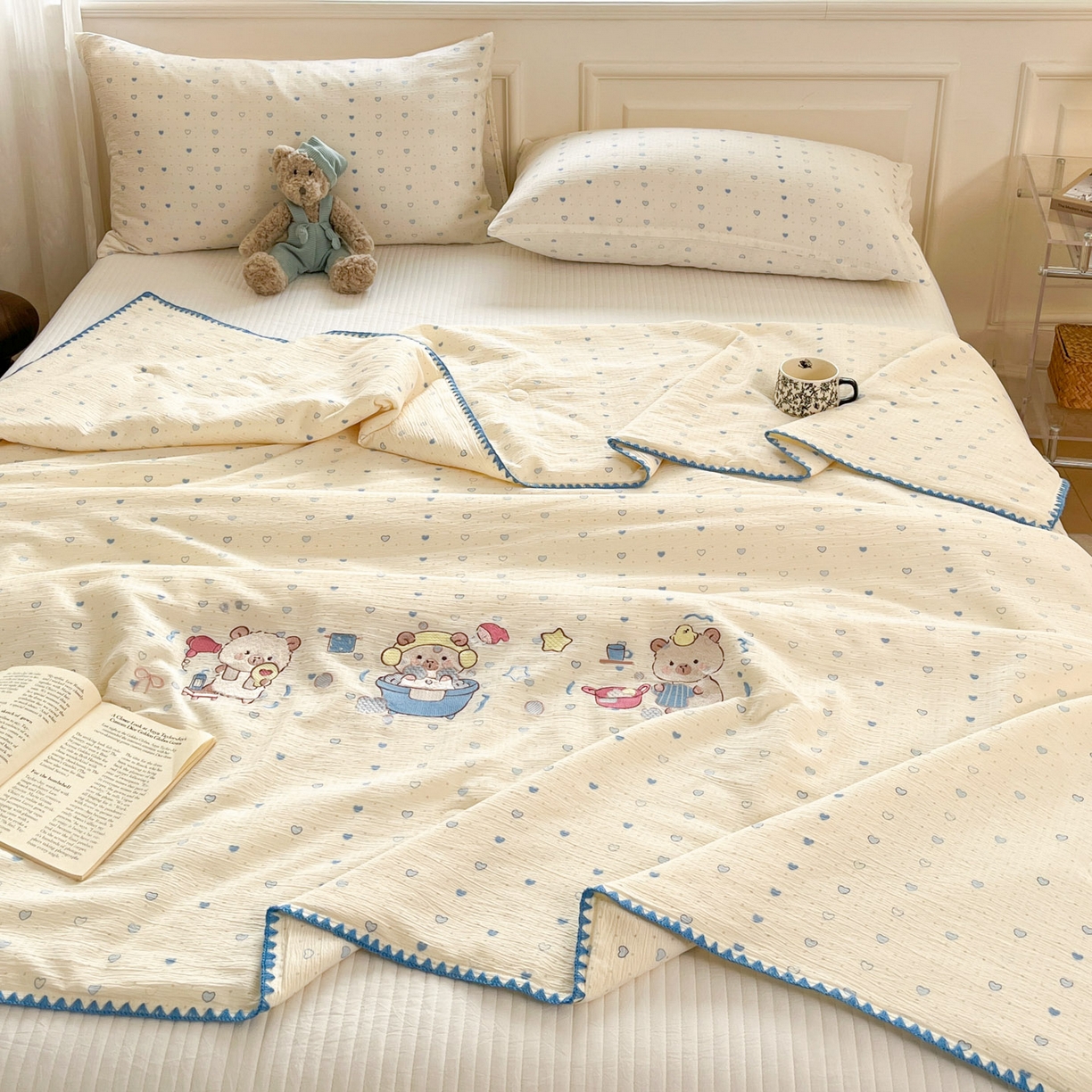 91家纺网 家纺一手货源 找家纺 一加一 2026新款皱皱纱绣花三角针大豆夏被夏凉被空调被三件套 卡皮巴拉