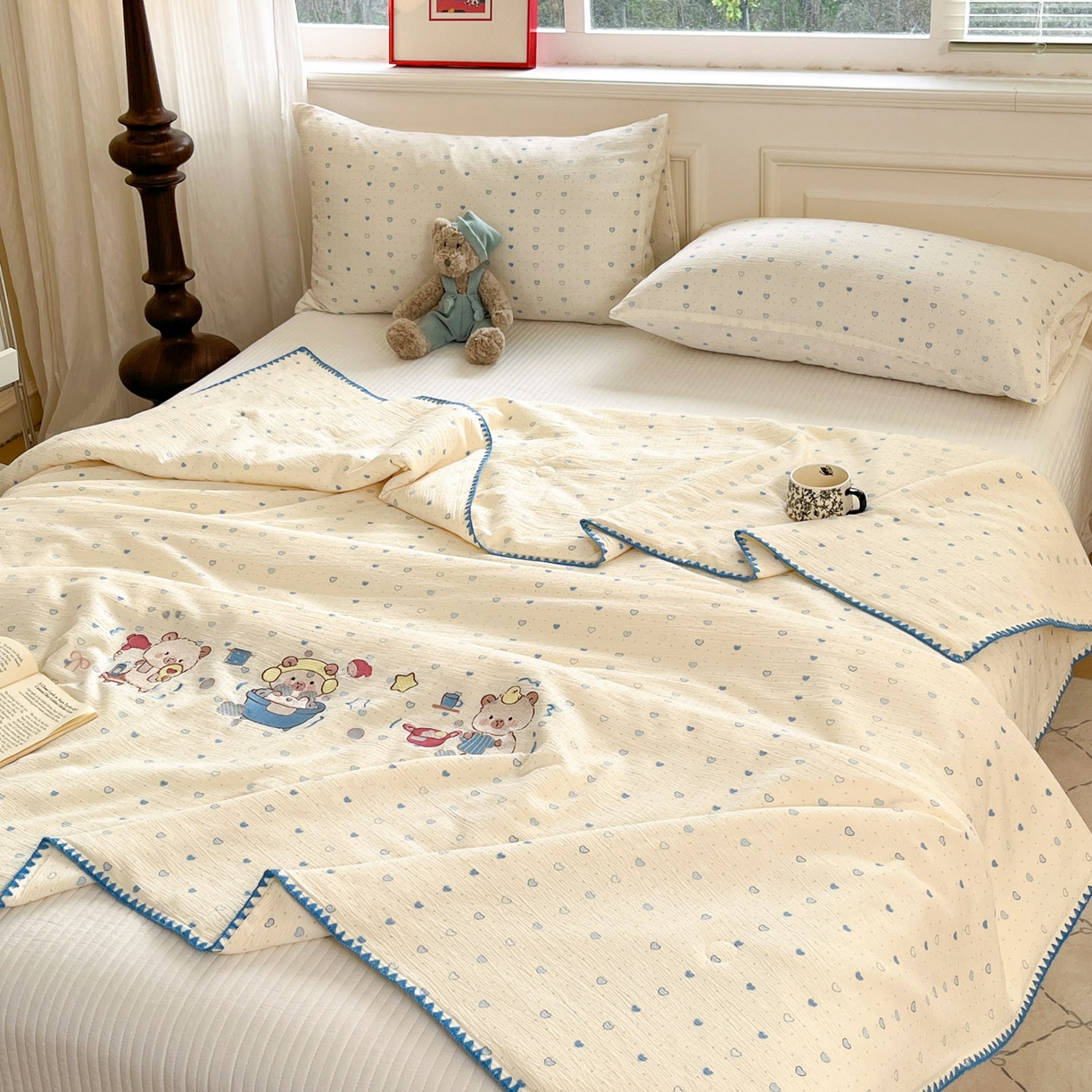 91家纺网 家纺一手货源 找家纺 一加一 2026新款皱皱纱绣花三角针大豆夏被夏凉被空调被三件套 卡皮巴拉