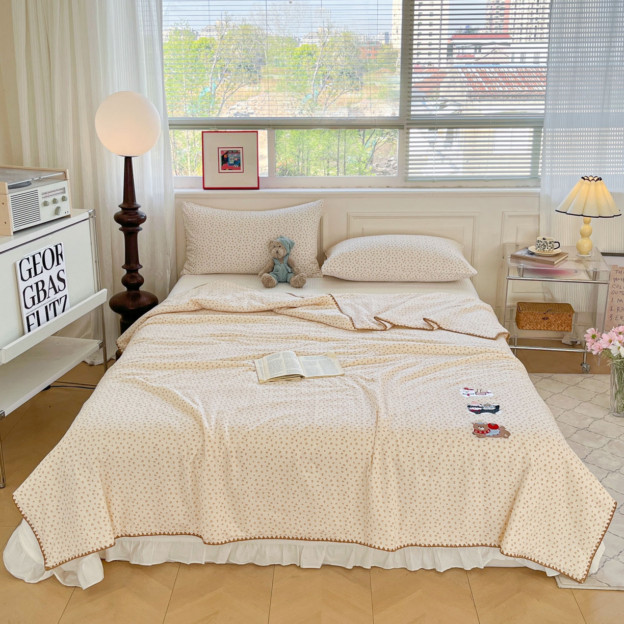 91家纺网 家纺一手货源 找家纺 一加一 2026新款皱皱纱绣花三角针大豆夏被夏凉被空调被三件套 豹纹小猫