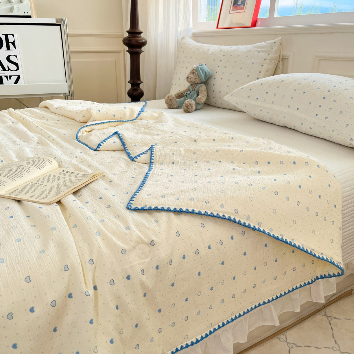 91家纺网 家纺一手货源 找家纺 一加一 2026新款皱皱纱绣花三角针大豆夏被夏凉被空调被三件套 卡皮巴拉