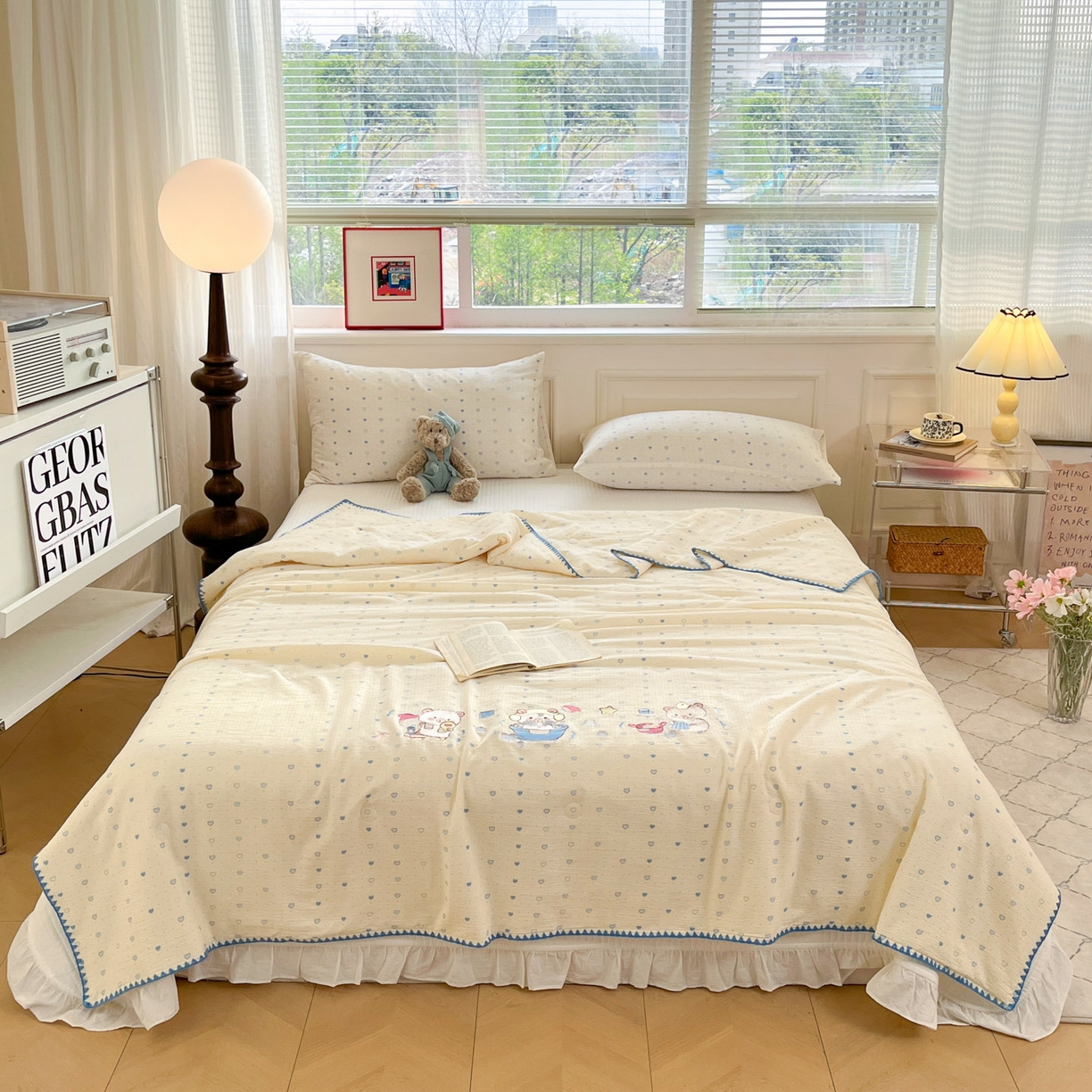 91家纺网 家纺一手货源 找家纺 一加一 2026新款皱皱纱绣花三角针大豆夏被夏凉被空调被三件套 卡皮巴拉