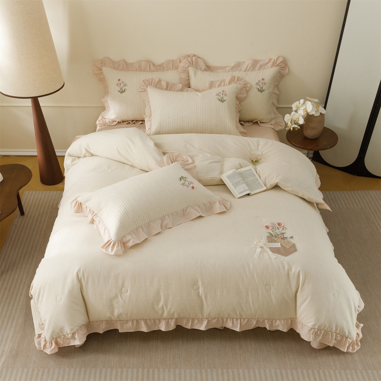 91家纺网 家纺一手货源 找家纺 瑞米家居 2026新款棉麻床盖夏被四件套-繁花 繁花-粉