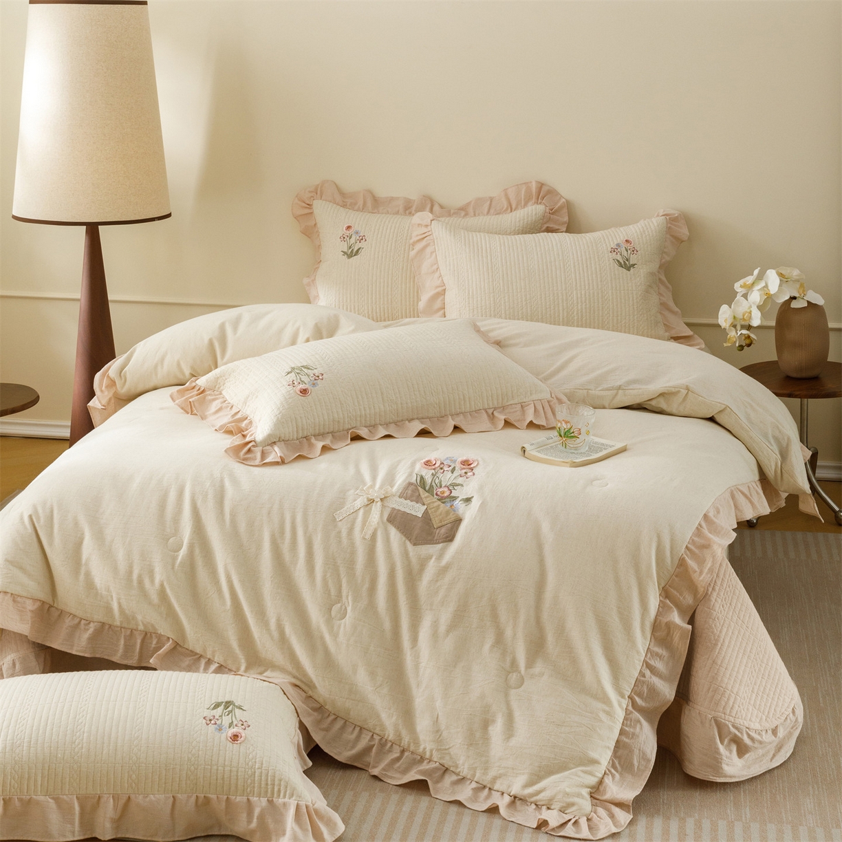 91家纺网 家纺一手货源 找家纺 瑞米家居 2026新款棉麻床盖夏被四件套-繁花 繁花-粉