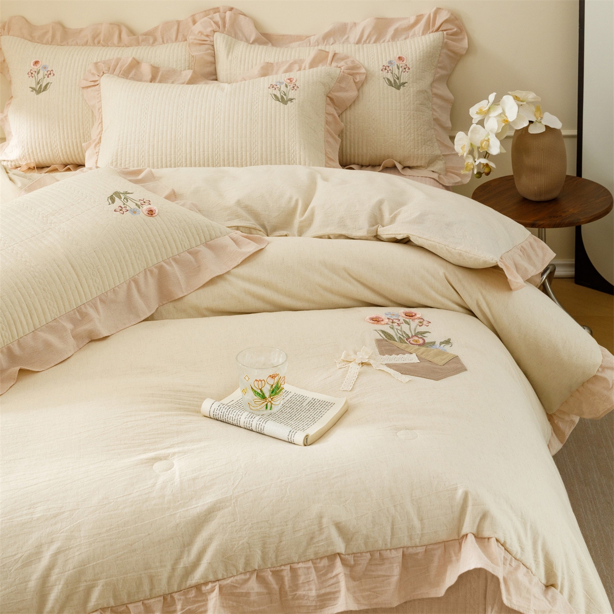 91家纺网 家纺一手货源 找家纺 瑞米家居 2026新款棉麻床盖夏被四件套-繁花 繁花-粉