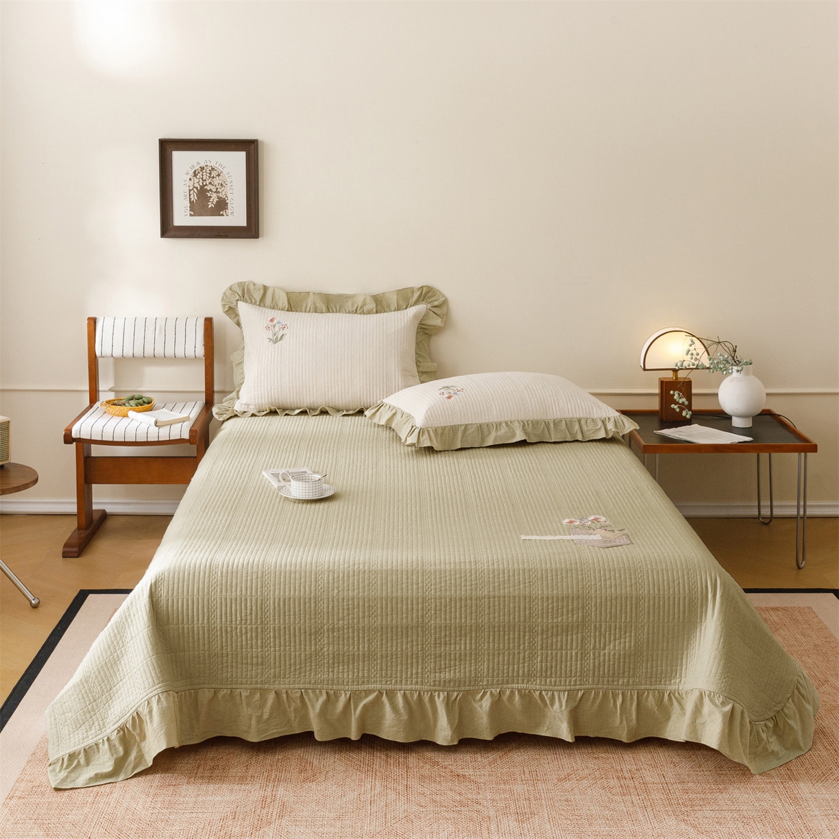 91家纺网 家纺一手货源 找家纺 瑞米家居 2026新款棉麻床盖夏被四件套-繁花 繁花-芥末绿