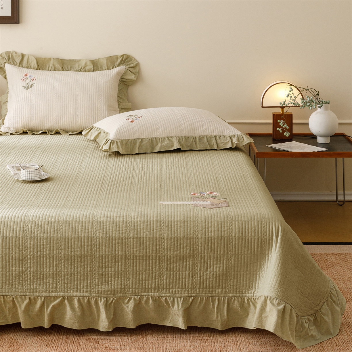 91家纺网 家纺一手货源 找家纺 瑞米家居 2026新款棉麻床盖夏被四件套-繁花 繁花-芥末绿