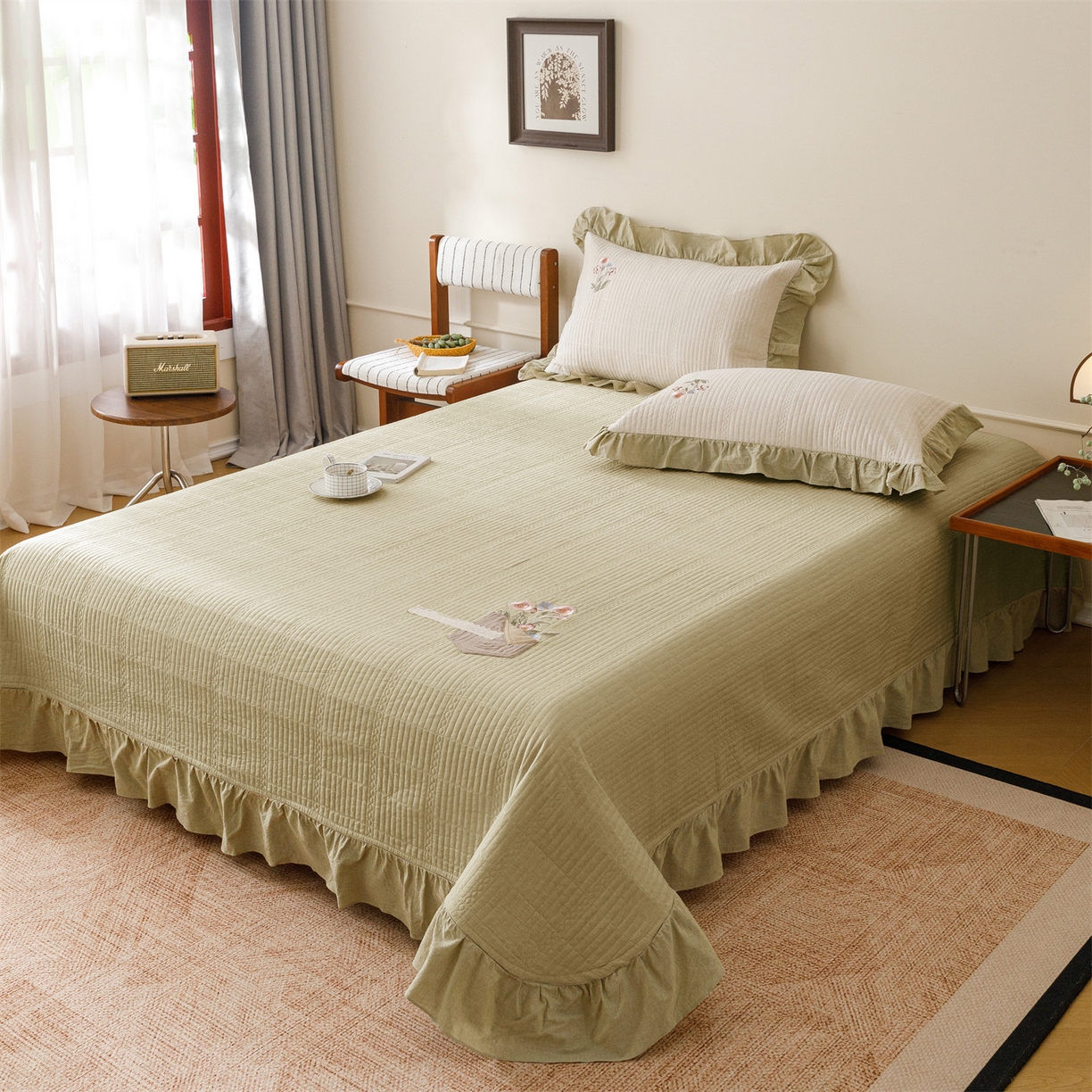 91家纺网 家纺一手货源 找家纺 瑞米家居 2026新款棉麻床盖夏被四件套-繁花 繁花-芥末绿