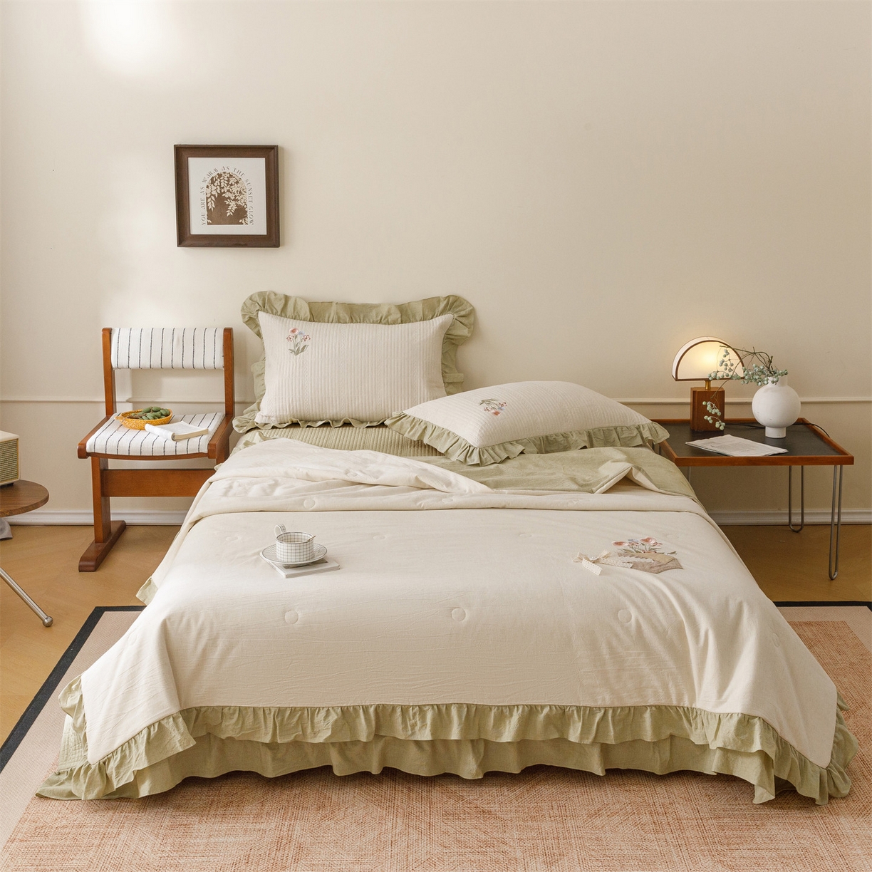 91家纺网 家纺一手货源 找家纺 瑞米家居 2026新款棉麻床盖夏被四件套-繁花 繁花-芥末绿