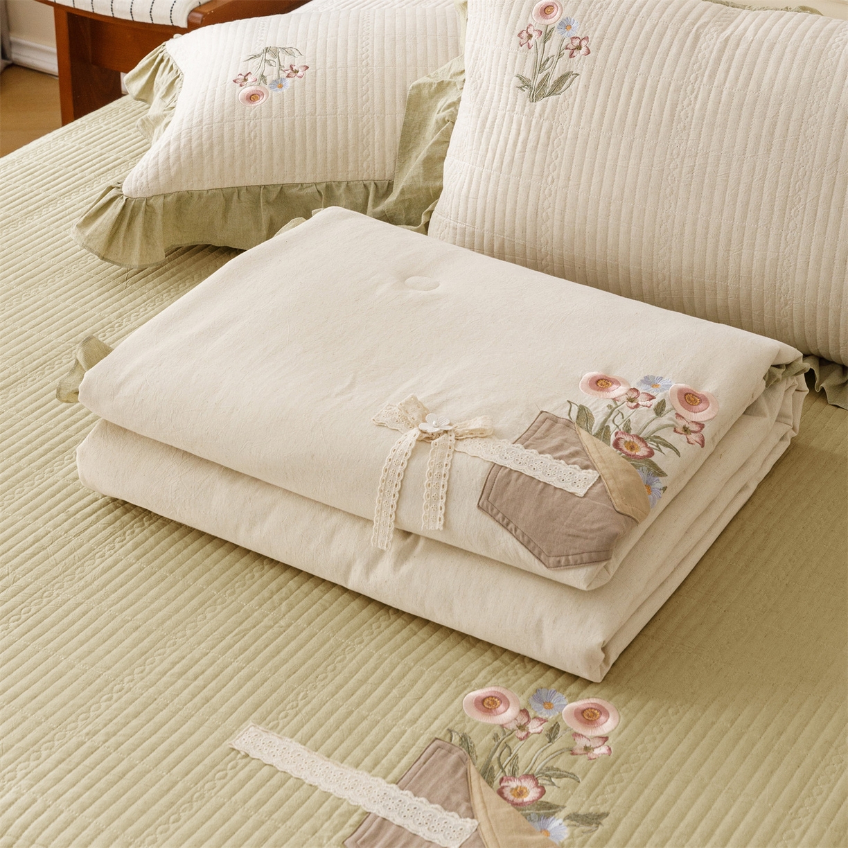 91家纺网 家纺一手货源 找家纺 瑞米家居 2026新款棉麻床盖夏被四件套-繁花 繁花-芥末绿