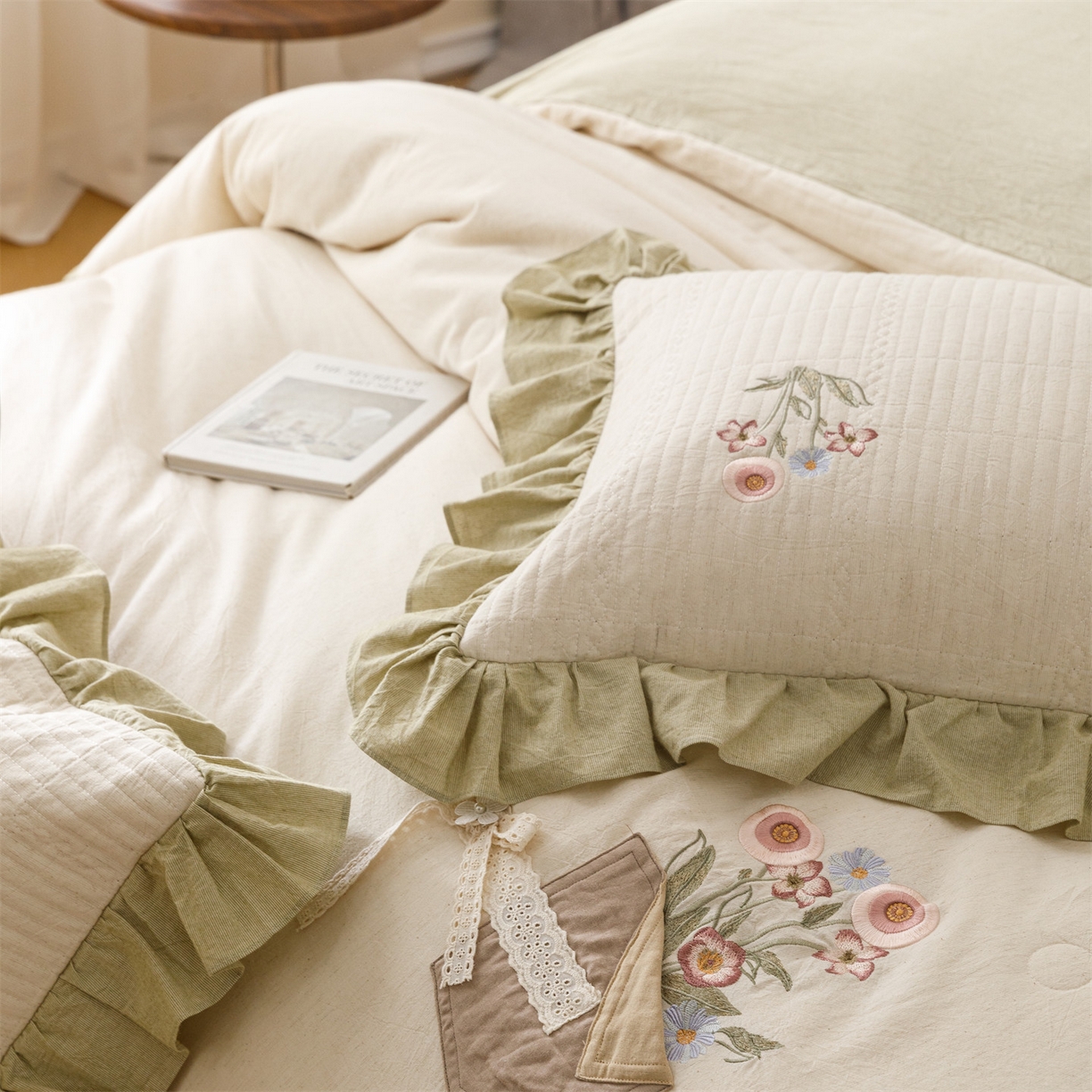 91家纺网 家纺一手货源 找家纺 瑞米家居 2026新款棉麻床盖夏被四件套-繁花 繁花-芥末绿