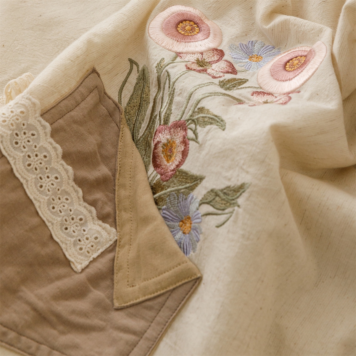 91家纺网 家纺一手货源 找家纺 瑞米家居 2026新款棉麻床盖夏被四件套-繁花 繁花-芥末绿