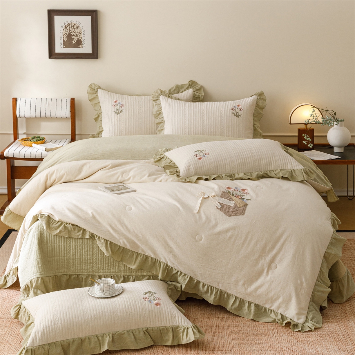 91家纺网 家纺一手货源 找家纺 瑞米家居 2026新款棉麻床盖夏被四件套-繁花 繁花-芥末绿