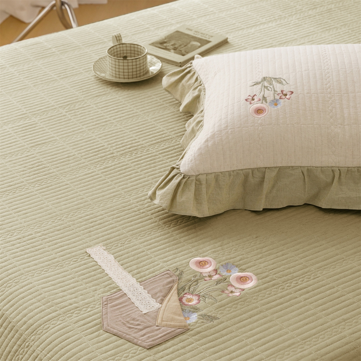 91家纺网 家纺一手货源 找家纺 瑞米家居 2026新款棉麻床盖夏被四件套-繁花 繁花-芥末绿