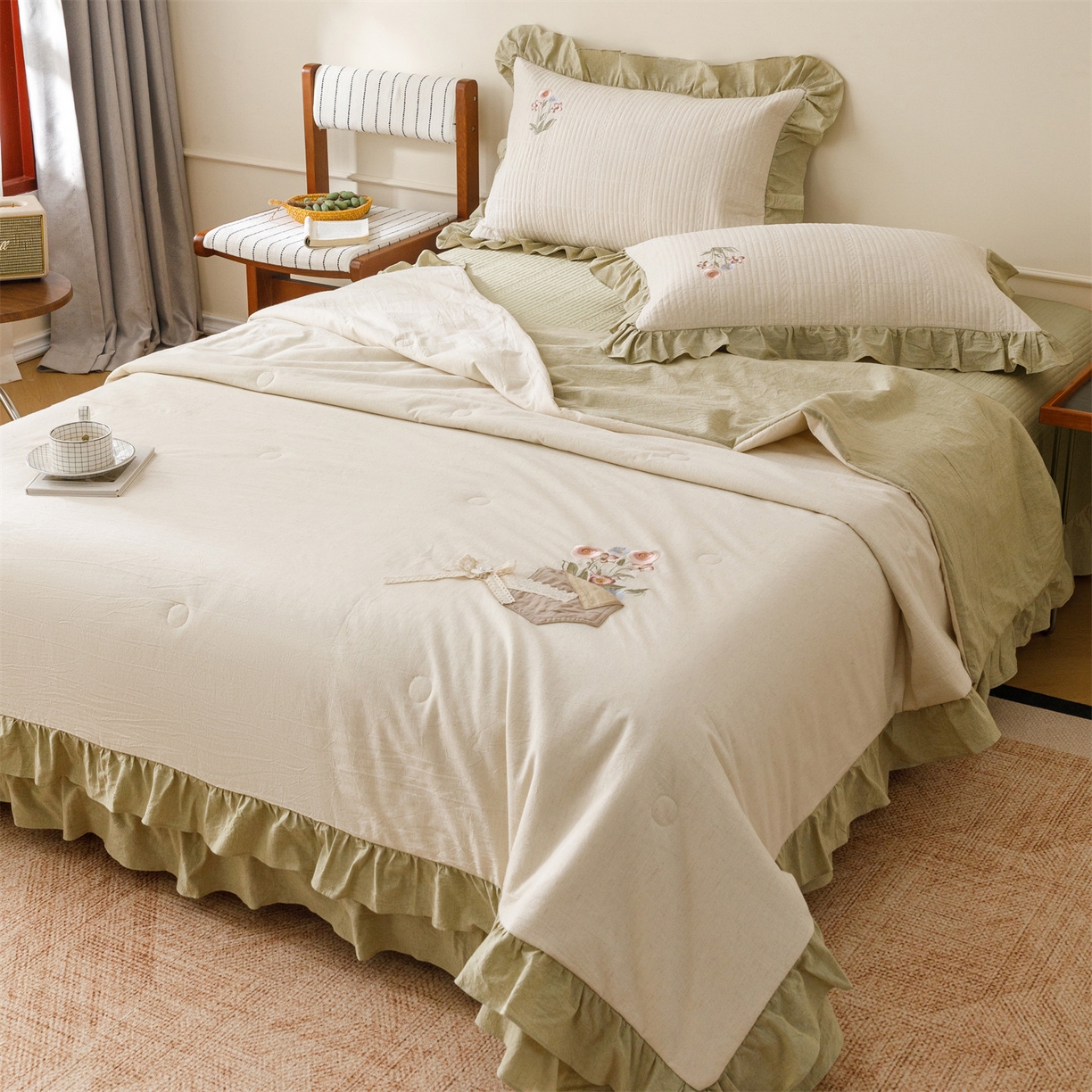 91家纺网 家纺一手货源 找家纺 瑞米家居 2026新款棉麻床盖夏被四件套-繁花 繁花-芥末绿