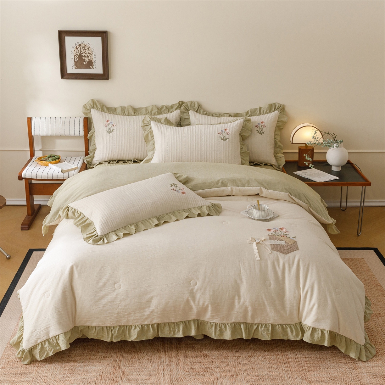 91家纺网 家纺一手货源 找家纺 瑞米家居 2026新款棉麻床盖夏被四件套-繁花 繁花-芥末绿