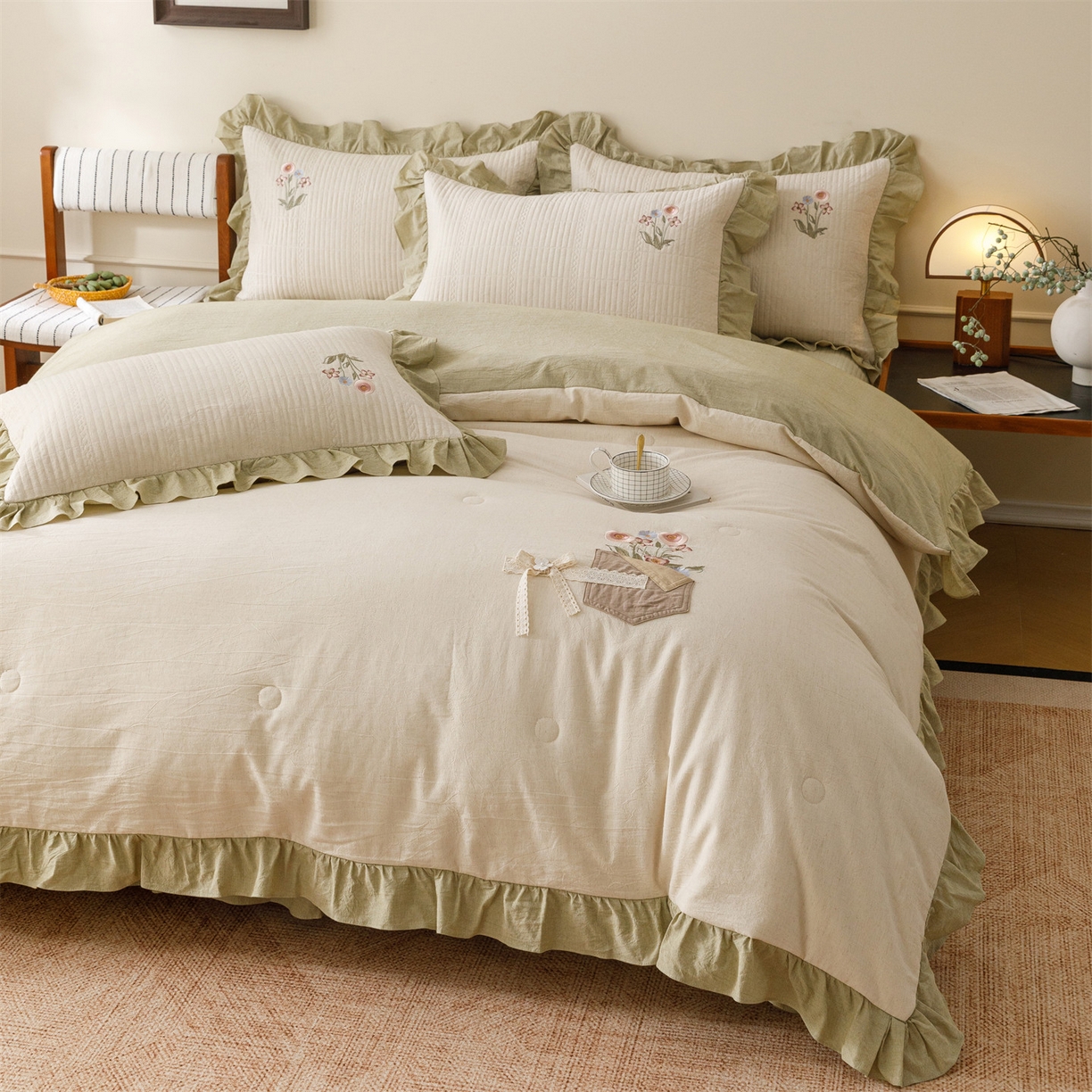 91家纺网 家纺一手货源 找家纺 瑞米家居 2026新款棉麻床盖夏被四件套-繁花 繁花-芥末绿