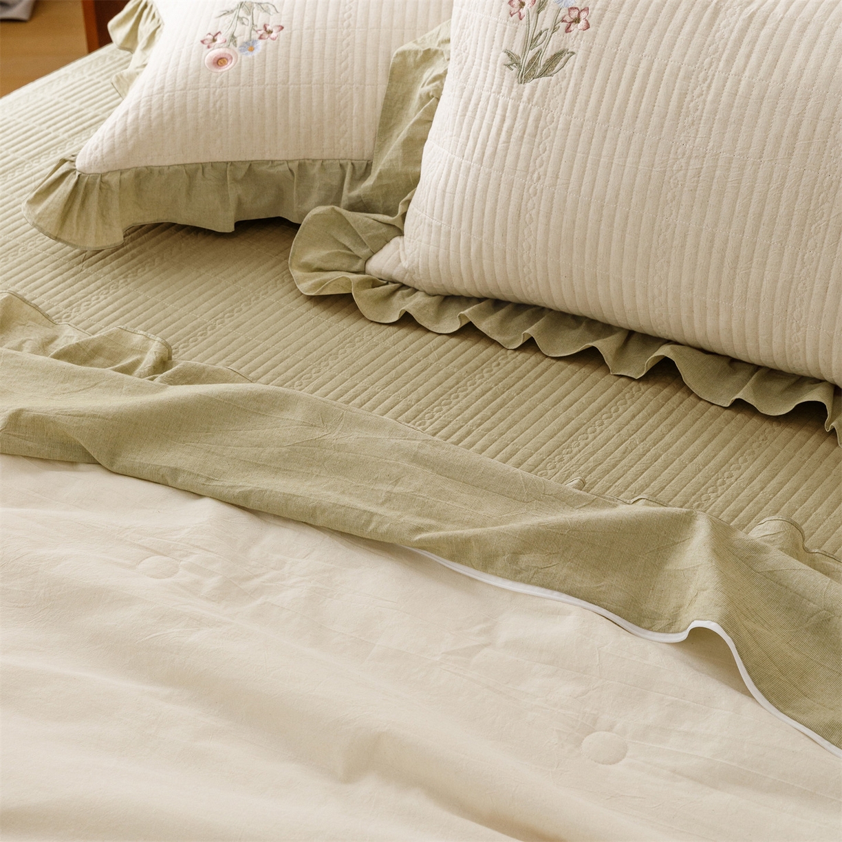 91家纺网 家纺一手货源 找家纺 瑞米家居 2026新款棉麻床盖夏被四件套-繁花 繁花-芥末绿