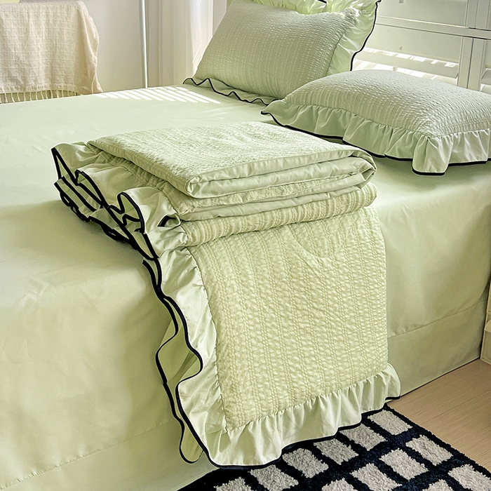 仟网汇 2026新款赫本纯色泡泡纱花边款夏被夏凉被空调被四件套 芥末绿
